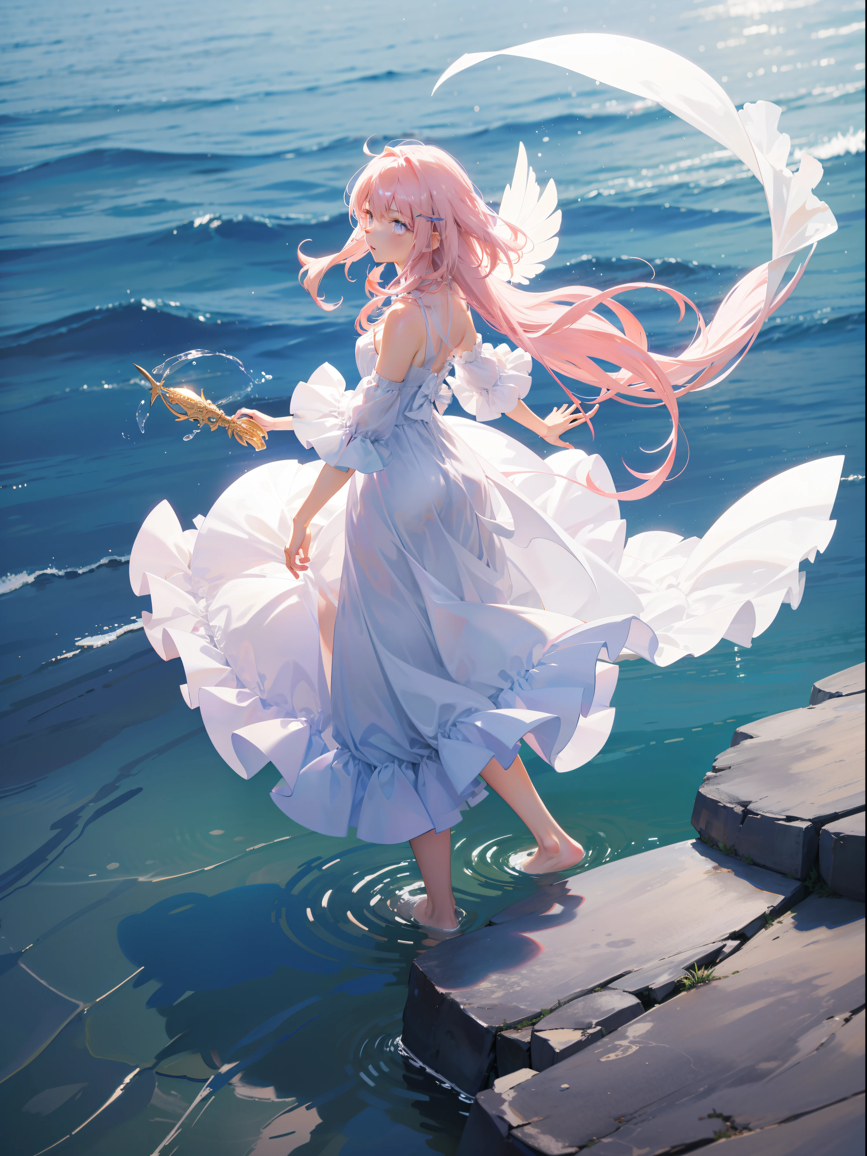 Light pink hair，Extra-long hair，Light purple eyes，The character is in the water，White dress，Shoulders exposed，jewelry，Contre-Jour，Light and shadow in the water，Flutter lightly，Flying，Small fish，Cinematic texture，