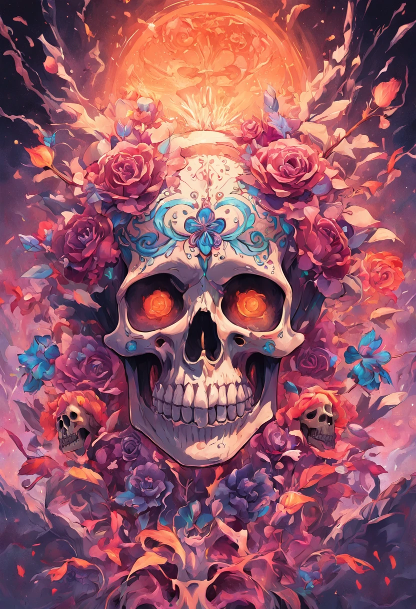 Mexican Skull Calavera, surrounded by poetic ornamental elements such as fruits, flowers, garlands of lights and native plants, colors Pink, Green, Gold and Black, 3D style, painting art, highly detailed, surrealist
