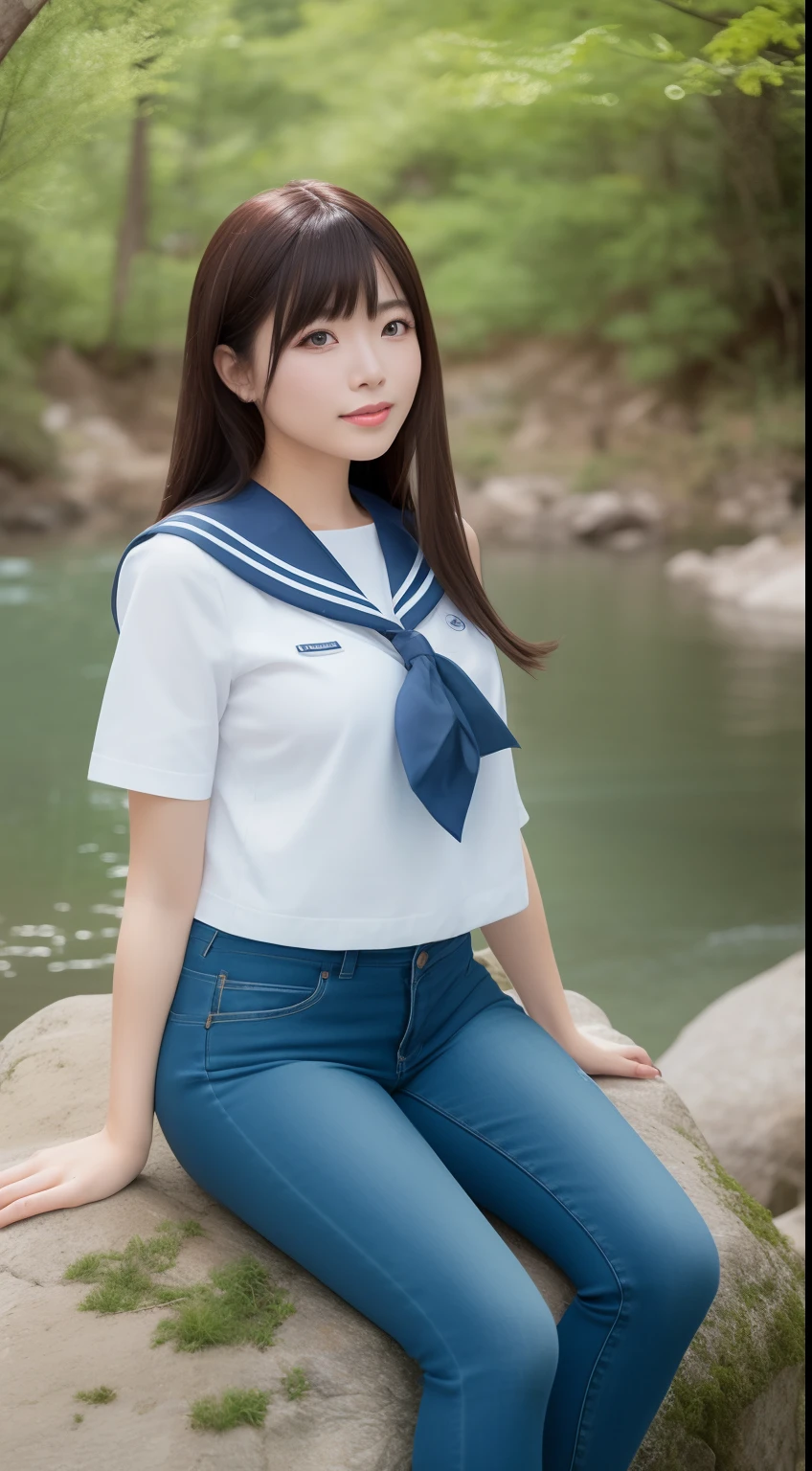 a pregirl,Thirty year old, ssmile, looking at viewert, sailor uniformm,skintight jeans, photore, realisticlying, Best quality at best, employee, 详细的脸, Sitting on a large rock in the middle of the forest, There is a river
