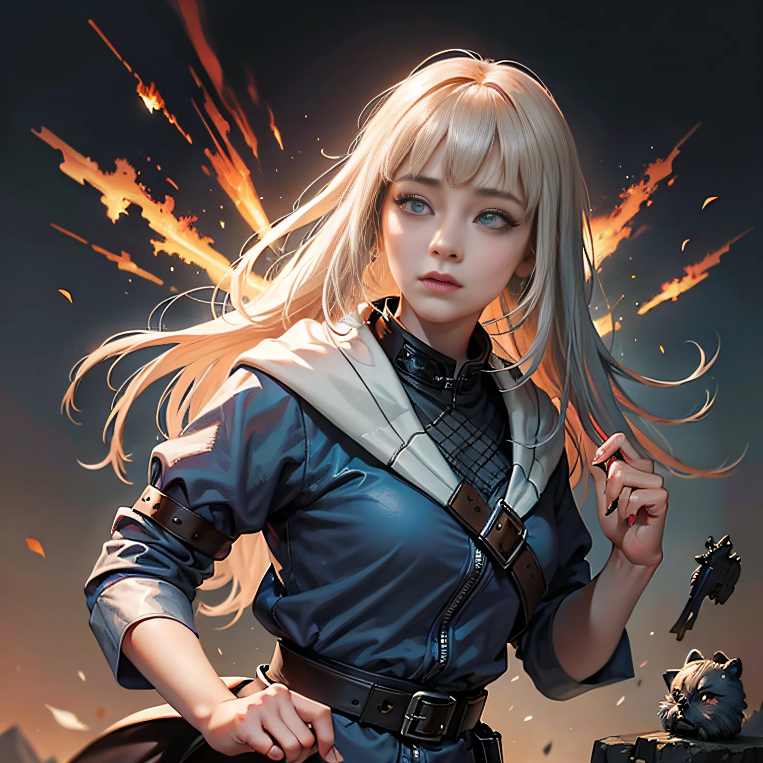masterpiece,best quality, illustration,{beautiful detailed girl},beautiful detailed glow,(flames of war:1.2),(nuclear explosion behide:1.3),rain,detailed lighting,detailed water,(beautiful detailed eyes:1.1),expressionless,palace,azure hair,disheveled hair,long bangs,hairs between eyes,(whitegrey dress:1.1),black ribbon,white bowties,midriff,big forhead,blank stare,flower,long sleeves