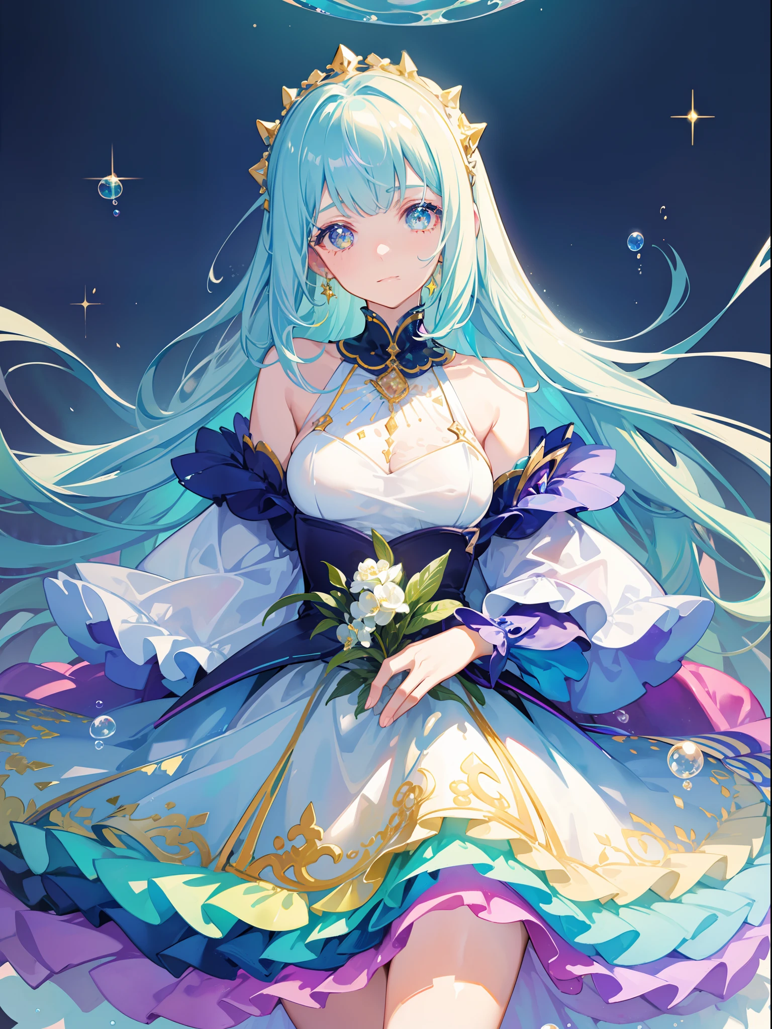 masterpiece, best quality, intricate details, beautiful girl, sparkling eyes, otherworldly liquid fantasia background, watercolor, bright vibrant colors, whimsical, colorful, layered tiered puffy long sleeve ballgown, ((iridescent rainbow bubbles))