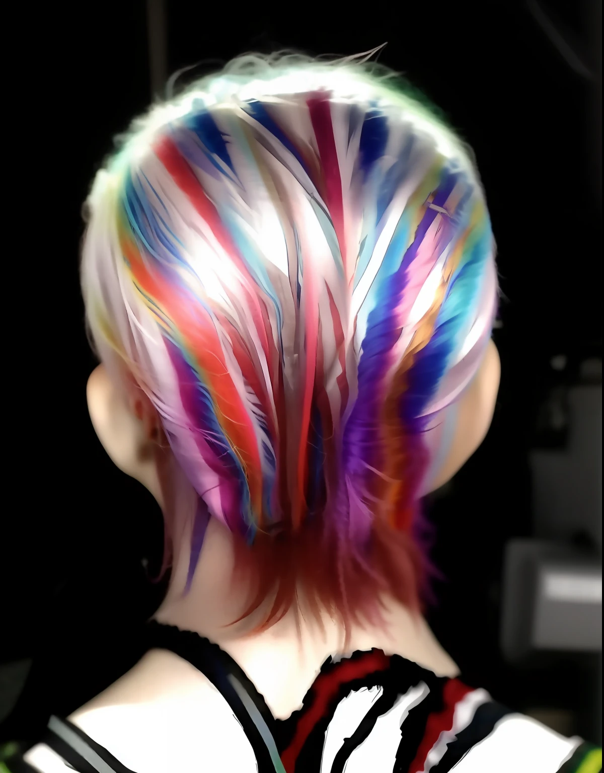 arafed woman with colorful hair and a striped shirt, cyberpunk dyed haircut, psychedelic hair, electrified hair, fractal hair, funky hair, electric hair, bright coloured streaks of hair, bright hair, psychedelic highlights, colorful pigtail, detailed punk hair, ! split hair dye!, colorful hair, colorful hairs, rainbow hair overlay, multicolored hair, brightly coloured hair