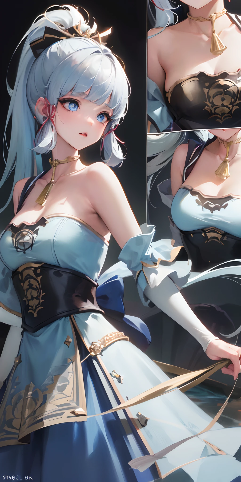 ((masterpiece:1.15)), (artwork), (amazing desinger), (studio lighting), perfectionist art, (eye details), (delicate body), a beautiful and thin girl, wearing a beautiful white dress, (long hair) blue and her skin is white, in a scenario (8k CG of extremely detailed unit) of a lake in the background, well detailed, the eyes of the young woman are shimmering blue.