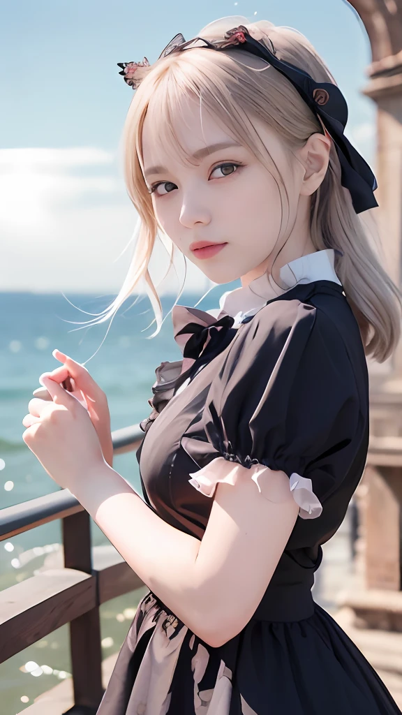 1 Nogizaka Musume、Very cute、a beauty girl、20yr old、(Gothic fashion)、Beautiful face, eyes and skin with exquisite detail、Fine white shiny hair、Classy ruffles、frilled tie、Ribbon tie、rose hair accessory、(Smile at the camera)、(cowboy shot)、(European seas)、profetional lighting、BREAK、(realisitic、Photorealsitic:1.37)、8K、(masterpiece)、(top-quality:1.4)、(超A high resolution:1.2)、 (Raw photography:1.2)、(Delicate lace、Soft fabric、Beautiful rose pattern dress)、perfect anatomia、4 fingers and 1 thumb、seaside backgroud、(Wallpapers by Unity 8K)