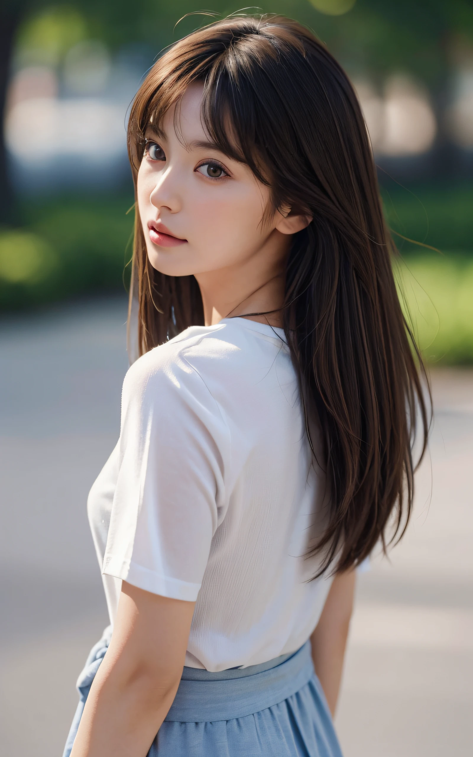((Best Quality, 8k, Masterpiece: 1.3)), Full Body, (Best Quality, Masterpiece: 1.2), Cute Japan Woman Pictures, 1 Girl, 25 Years Old Beautiful Japan Girl, (White T-shirt), (Full Body Photo), Full Body Portrait, Very Delicate Body, Small Breasts, ((Thin Waist: 5.5)), (Slender Abs: 3.5), (Small), (Female 160 cm), Focus Clear: 1.2, Outstanding Beauty in Style: 1.4, Slender Abs: 1.2, (((Brown Hair, Big: 1.2)), Highly Detailed Face and Skin Texture, Detailed Eyes, Double Eyelids, Outdoor, Upper Body Only Portrait, Hair Fluttering in the Wind, Bangs,