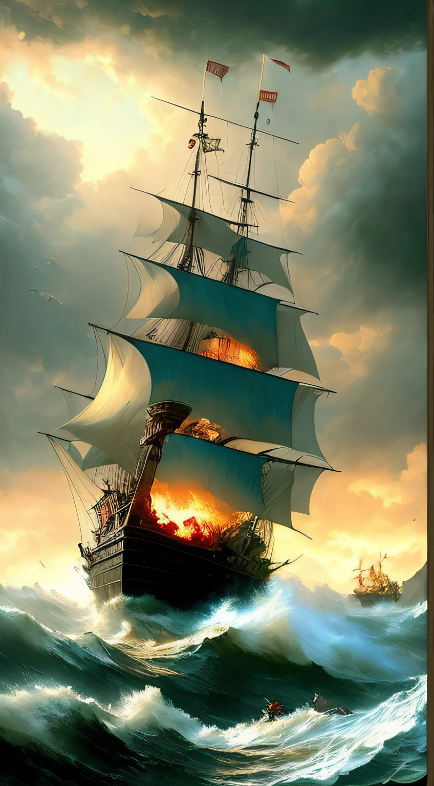 Pirate ship in a storm covered with dark clouds, Huge waves flooded the way, Detailed oil painting, The flame burns, unreal 5 render, RHADS, Sargent and Ryan Decker, Savlasov Levitan Polenov, by bruce pennington, by Ghibli Studio, tim hildebrandt, Digital art, Landscape painting, rendering by octane, Beautiful composition, trending on artstationh, an award winning photograph, Masterpiece, Seeking style, (DreamlikeArt:1.2). MDJRNY-V4 style