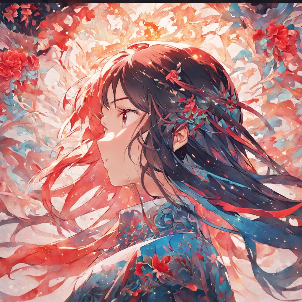 (White background:1.4),(Silhouette of a girl's head, Eyes closed, Colorful long hair, Oriental elements),(Chinese Illustration:1.3,paper art:1.3, Quilted Paper Art:1.2),( Reasonable design, Clear lines, High Sharpness,Best Quality, Very detailed, masutepiece, Movie Light Effects, 4K )