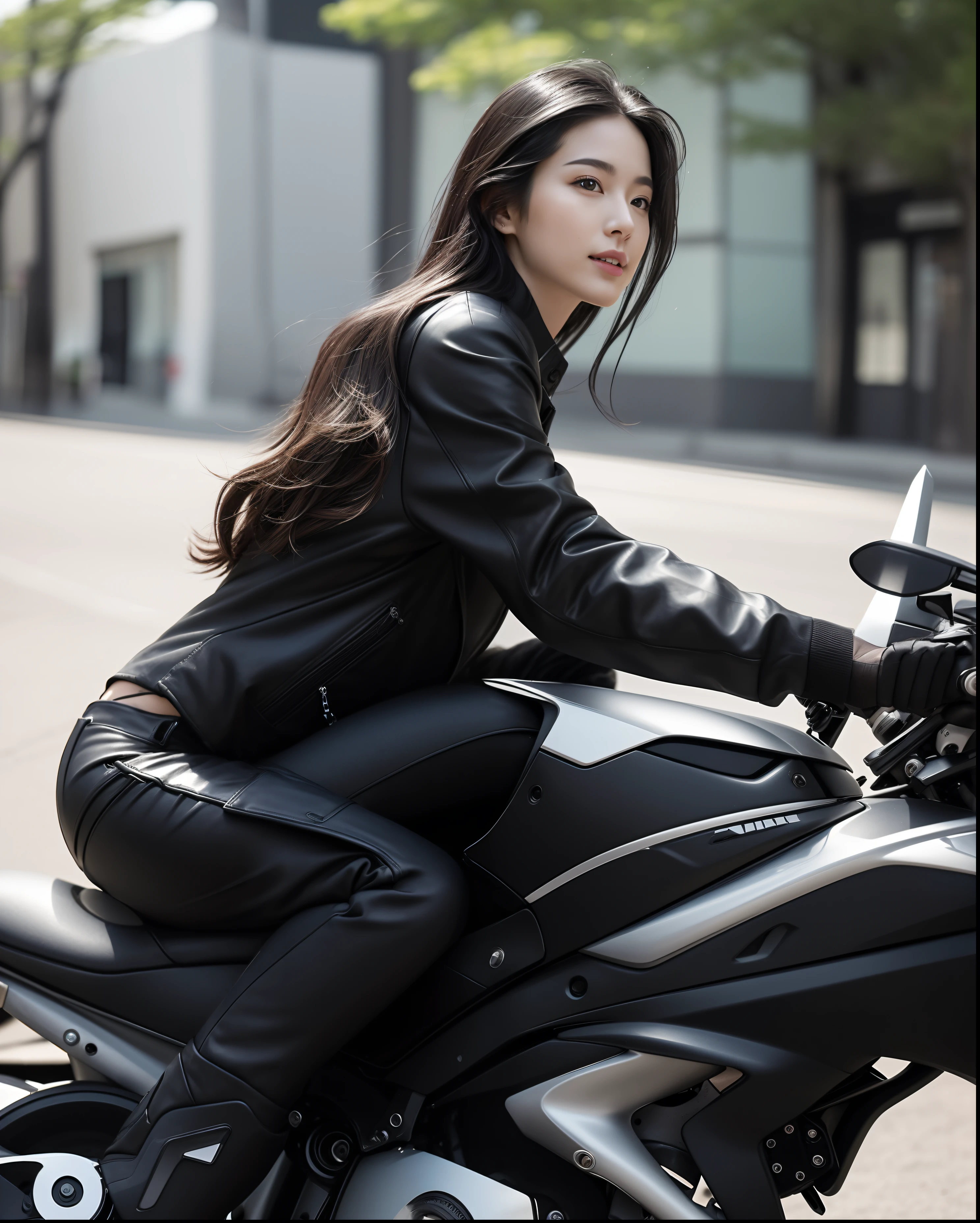 (masutepiece:1.3)、(8K、photographrealistic、Raw photography、top-quality: 1.4)、super definition、Anatomically correct、Textured skin、((((1girl in、Solo))))、((Shooting for one person only))、beautiful expression、(Realistic face)、(((Korean model(A dark-haired、Center division、long:1.3))))、Chinese models(A dark-haired、Center division、long:1.3)、More Korean than Chinese、Realistic eyes、real looking skin、Beautiful details、Beautiful skins、Shy smile、超A high resolution、(Hyper-realistic)、Anatomically correct、Textured skin、Sharp jawline、Perfect proportions 、((Plump bust))、Necklace, shoot from the side,Riding a motorcycle, Suzuki, katanas, Ninja H2, Wearing a rider's jacket, Skinny Jeans, Black boots,The background is a public road, Omotesando in Tokyo
