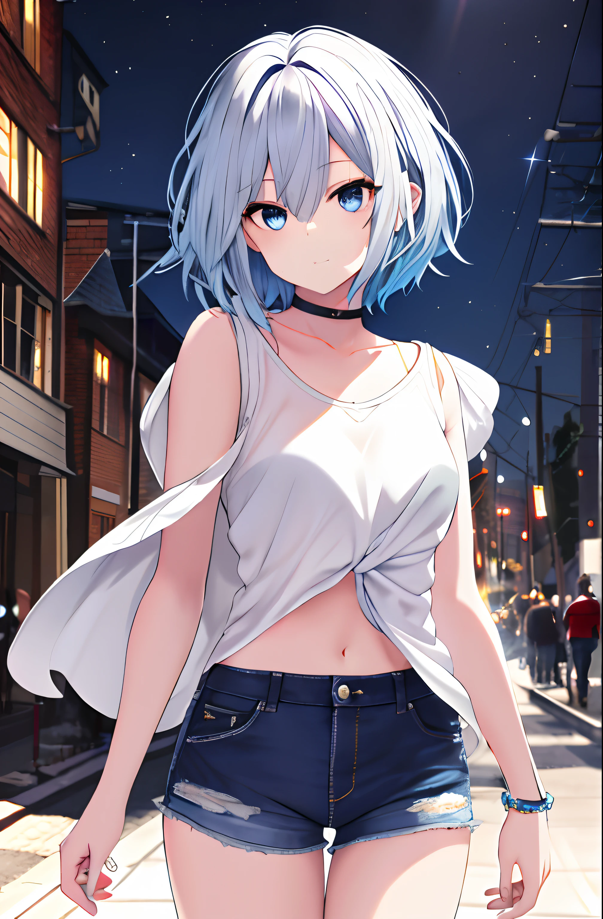 1 beautiful tomboy girl with big breast, oversize t-shirt,(no panties),(no bra),wet,(wet chlotes:0.8),short hair, Ted light blue hair, background on park,real rain,