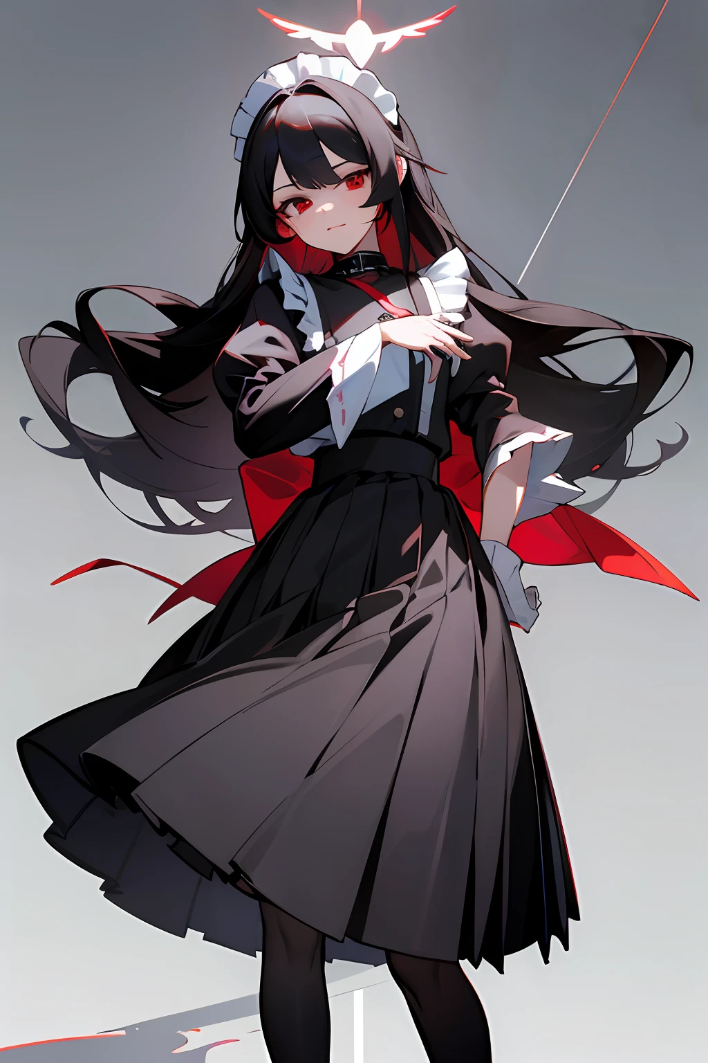 tmasterpiece, Best quality at best, A high resolution, red eyes,maidennurse ,Clothing cutting, Tall girl,Black collar,the maid outfit,longer sleeves,long skirt, The shirt, black glove, Black pleated skirt, cowboy photo, standing on your feet, exteriors