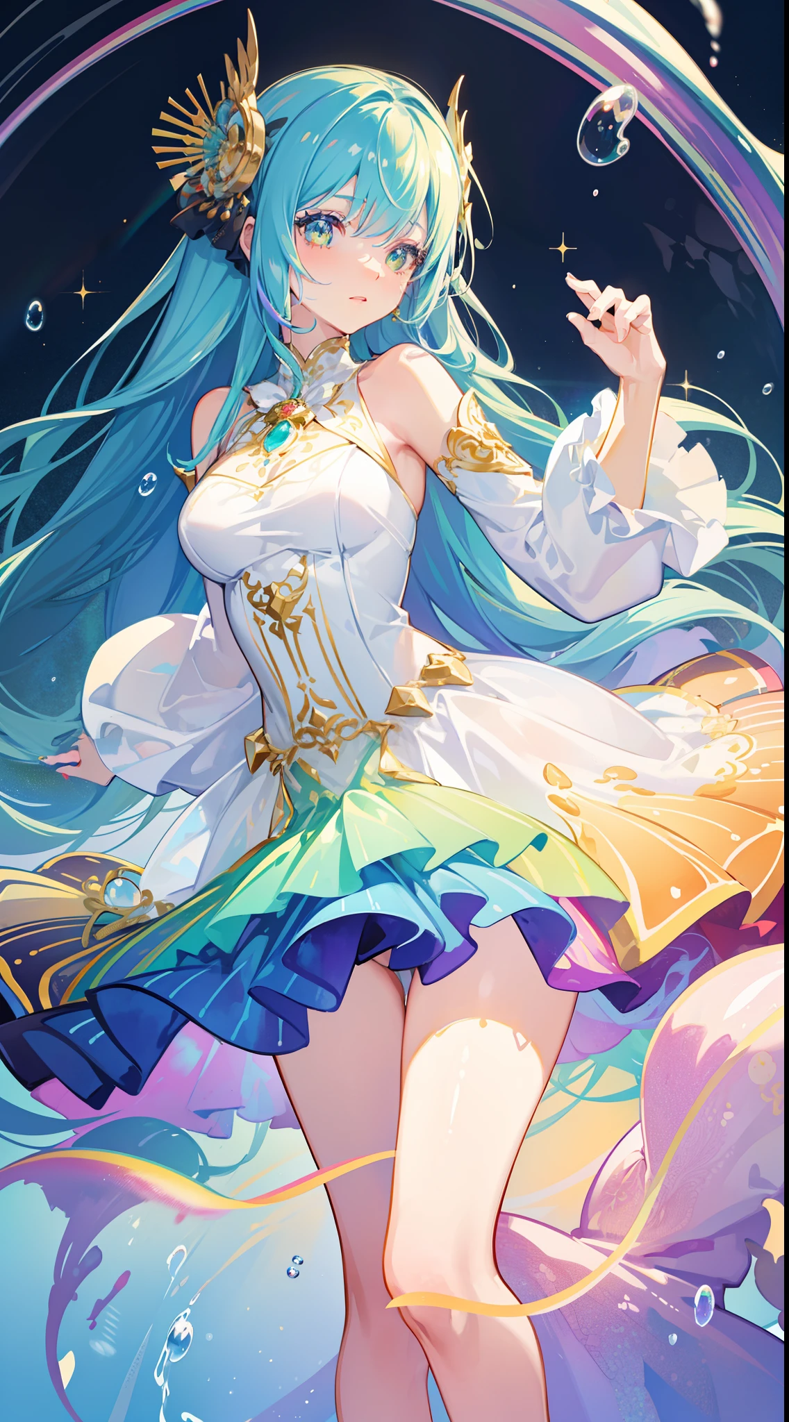 masterpiece, best quality, intricate details, beautiful girl, sparkling eyes, otherworldly liquid fantasia background, watercolor, bright vibrant colors, whimsical, colorful, layered tiered puffy long sleeve ballgown, ((iridescent rainbow bubbles))