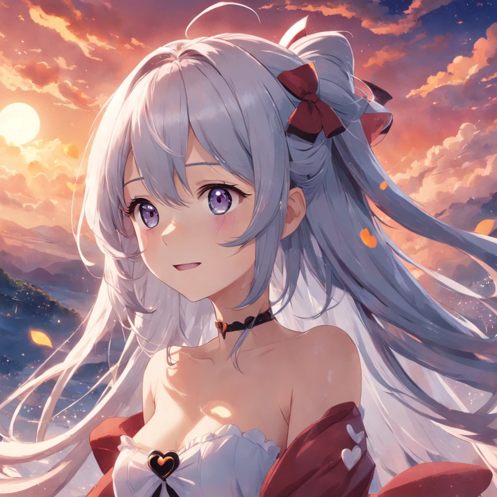 a girl，colored inner hair, grey hair, long hair, heart ahoge, hair bow, heart-shaped pupils, shy, seductive smile, UHD, masterpiece, Masterpiece masterpiece，best qualtiy，cinematic Film still from，1girl，Cloud Girl，Floating in the sky，closeup cleavage，brightly，cheerfulness，Warm and soft lighting，the sunset，（spark of light：0.7）