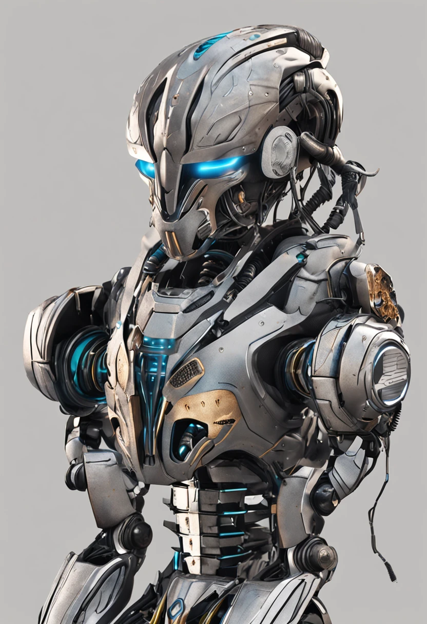 A robot with a mask similar to Jason's, it has a scorpion tail on its head, it has a black and white metallic color, it has tank wheels on its feet