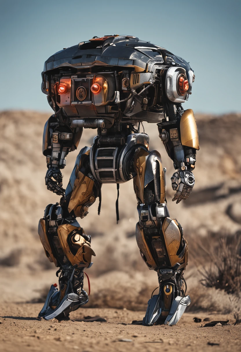 A robot with a mask similar to Jason's, it has a scorpion tail on its head, it has a black and white metallic color, it has tank wheels on its feet