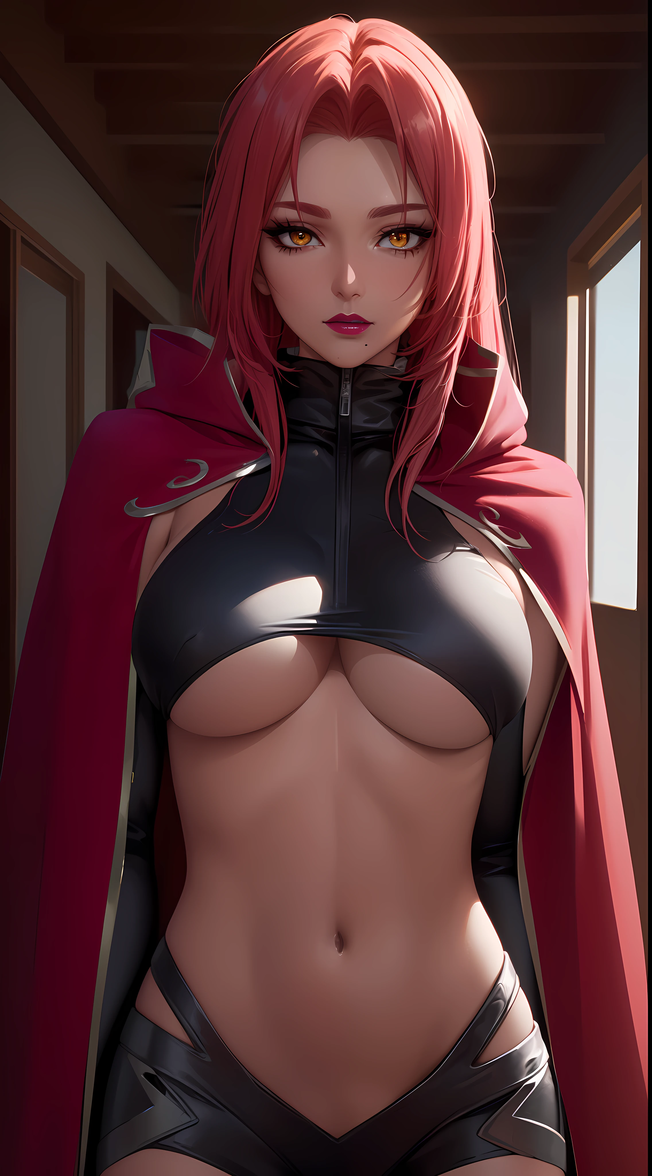 (highres, high quality:1.2), intricate details, cinematic lighting, sharp focus, depth of field, Ingrid, 1girl, mature female, (dark-skinned female:1.1), dark skin, ((upper body, half body shot:1.3)), (looking at viewer, sunny beach, determined, pink red hair, very long hair, hair intakes, makeup, lipstick, (mole under mouth:0.8), eyelashes, yellow eyes, detailed face, helloutfit, red cape, black (turtleneck:1.1), (underboob:1.1), black elbow gloves, (coattails:1.1), revealing clothes, center opening, (multicolored clothes:1.1) midriff, natural large breasts, (solo:1.4)