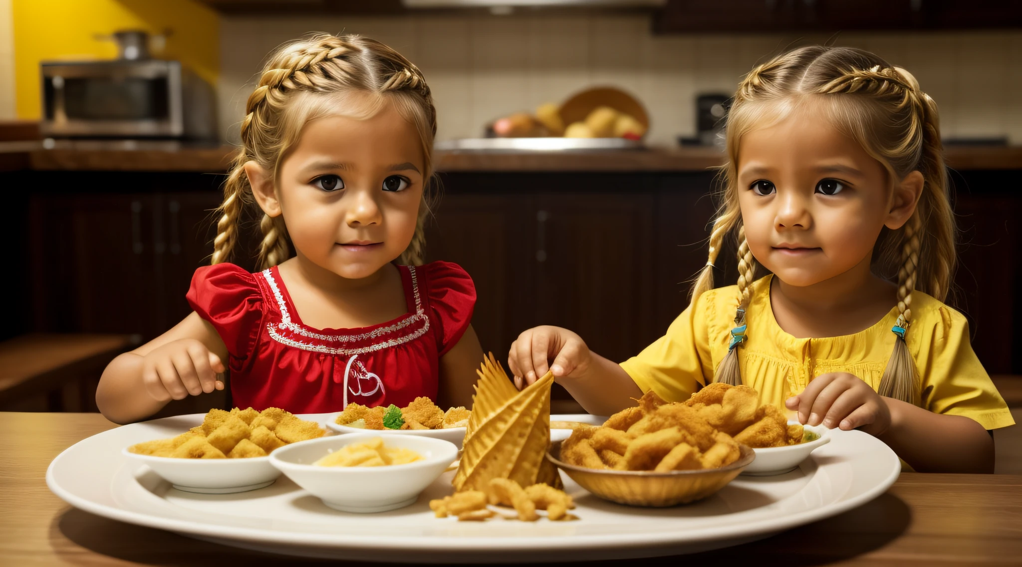 Long blonde  girl hair braids , There are five fried food items on a plate on a table, em forma de cone, crisp and sharp, chifres do diabo, imagem do produto de alta qualidade", nuggets de frango, Piques, 1 5 0 4, piroca, Chifres do diabo, 1505, volcanos, sharped image, brasileiro, Condorito, cone, Braavos, Hosada