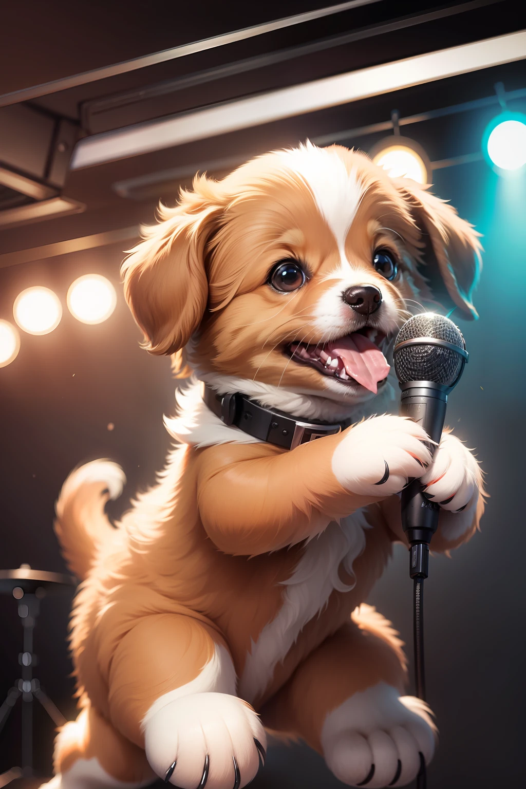 Always cute puppy holding a microphone and singing loudly