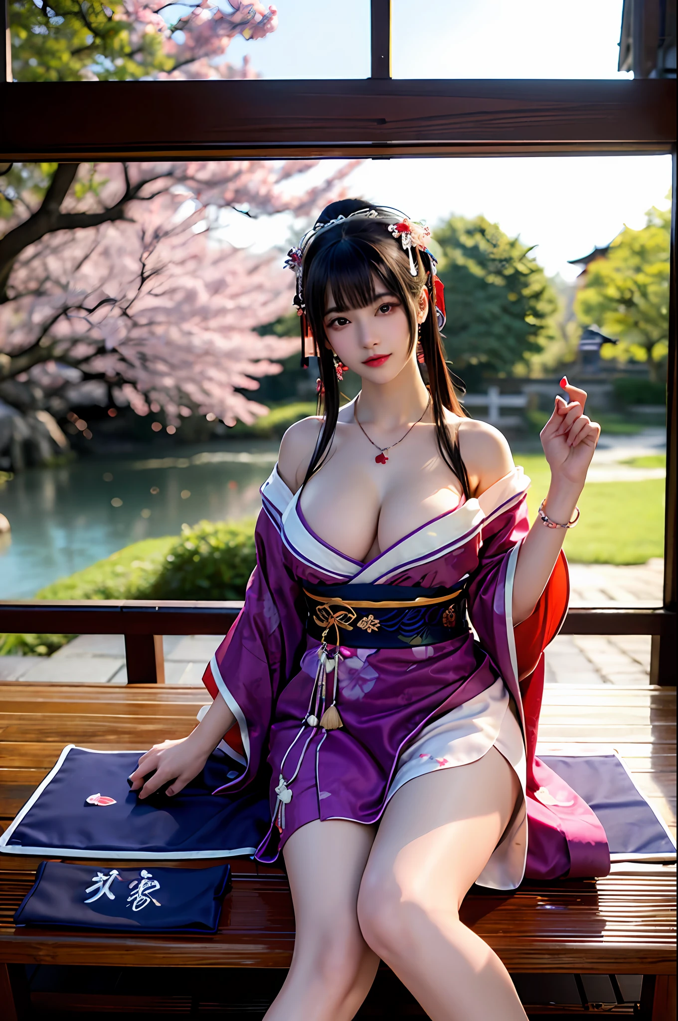 ((legs are open, the crotch is wide open)), (Cinematic light, Top quality, 8K, Masterpiece: 1.3), (world wonderful, Japan goddess, Japan Beautiful Girl, Koreainsta Goddess), (Upper body), (One girl), (necklace, Bracelet, anklet, leg loops), (Huge, cleavage, Exposed breasts, Sexy cleavage, Very detailed breasts), (Huge breasts), A la Fed woman in kimono, komono, classic kimono, komono, Japan kimono, long beautiful flowing kimono, intricate geisha kimono, Red or purple kimono,With floral motifs, Japanese style, in a kimono, legs are open, the crotch is wide open, inspired by Kano Hogai,