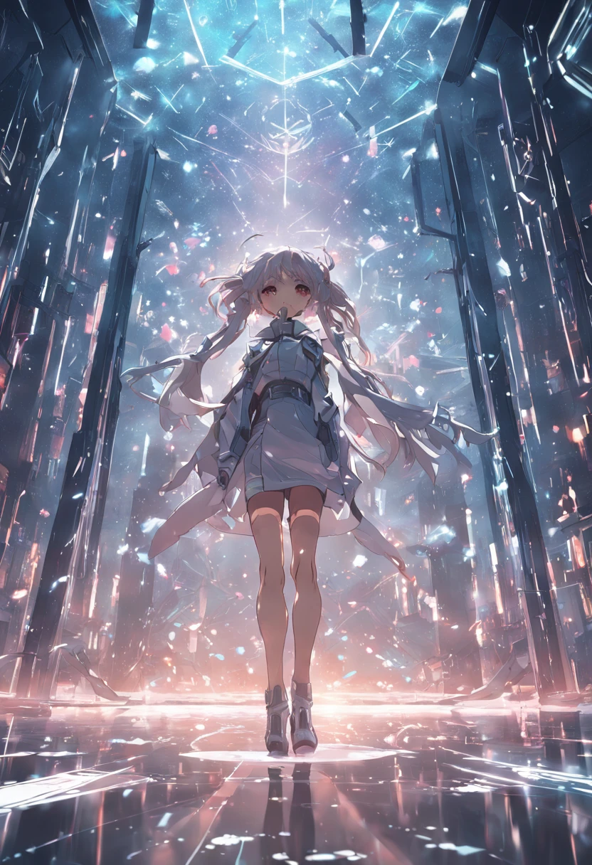 A woman in a futuristic room with a glass case, hologram hovering around her, sci fi anime, android heroine, sci fi anime, modern sci-fi anime, anime girl of the future, ufotable art style, anime mecha aesthetic, screenshot from guro anime, perfect android girl, anime concept art, cushart, digital cyberpunk anime!!A mature woman fell to the ground,There are crystals attached to the body