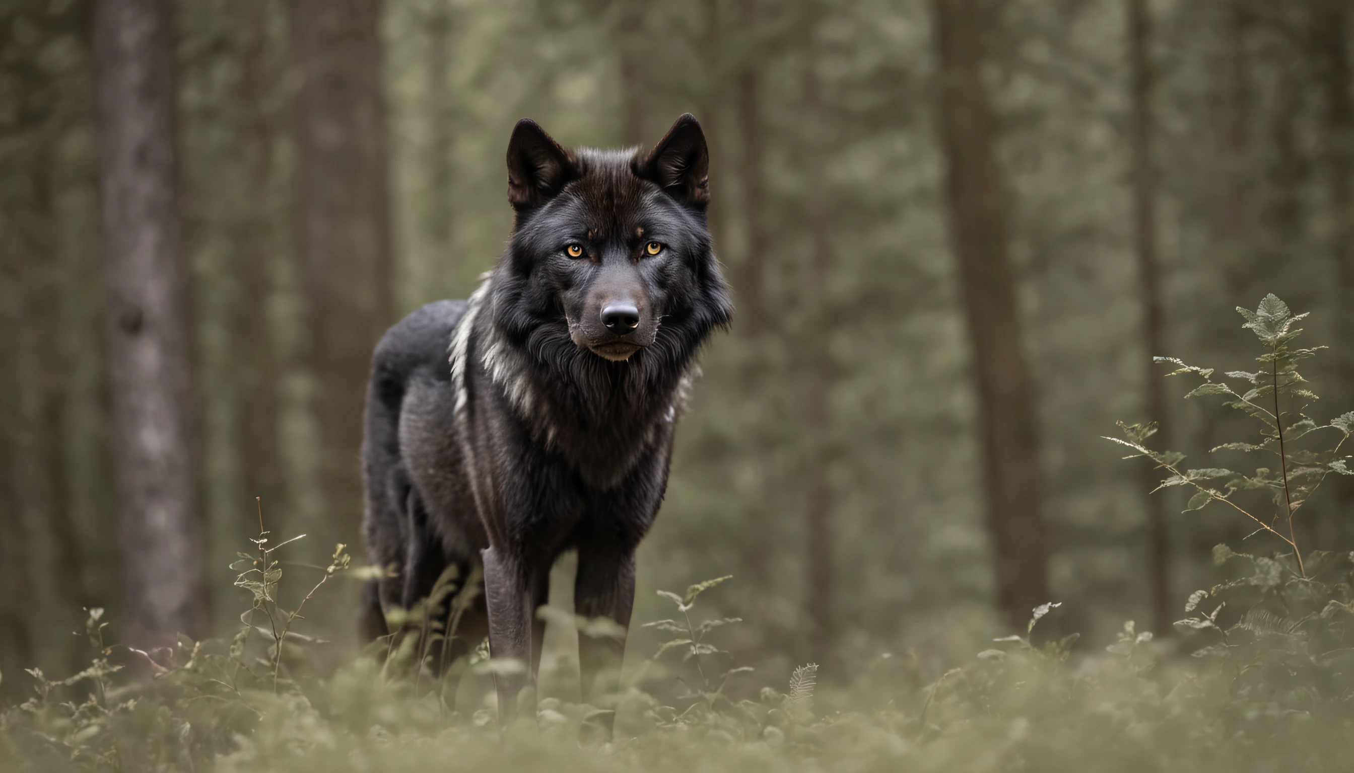 A black wolf facing a forest looking menacingly, ultrarrealista, photographic, Very high resolution photo
