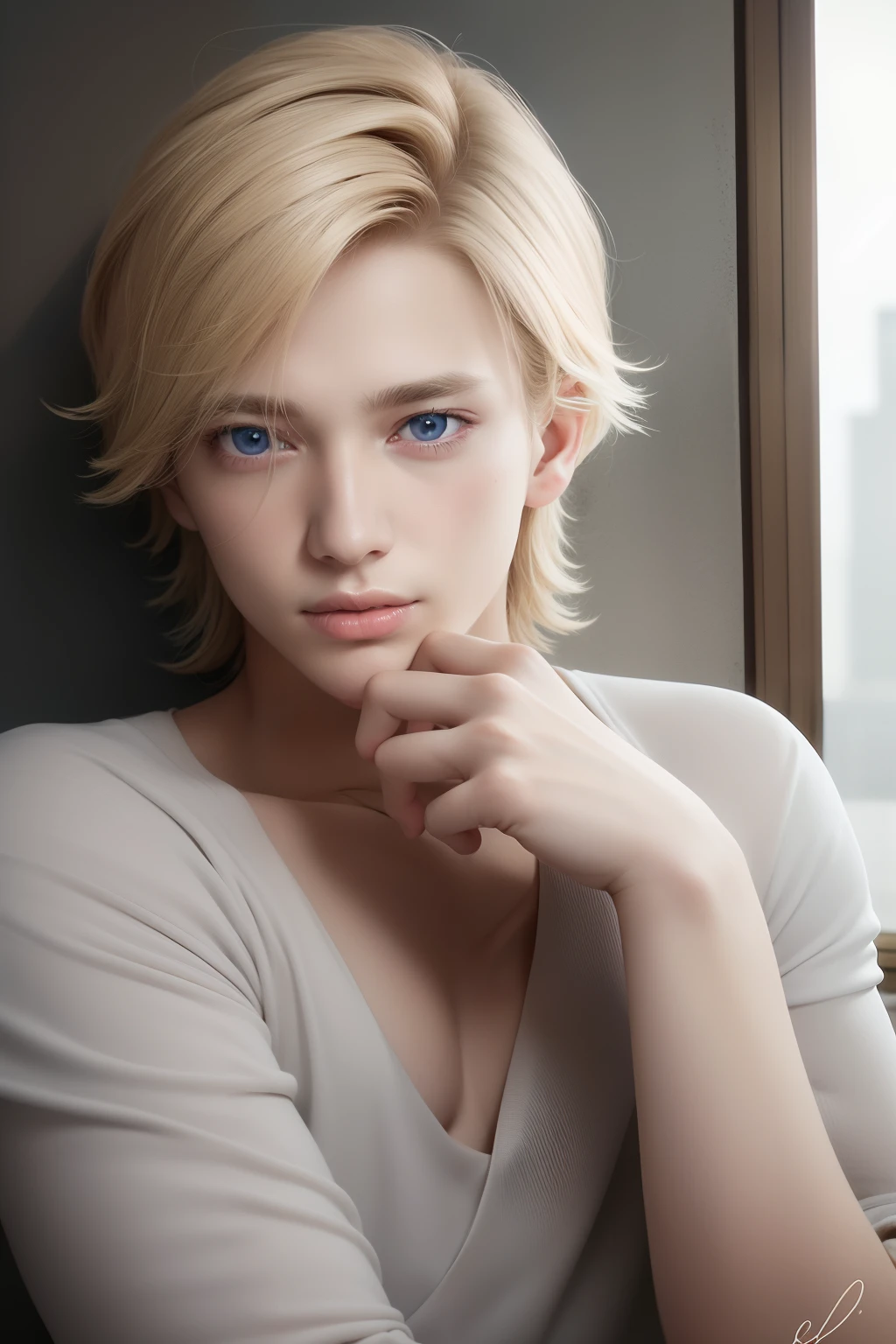 top-quality、masterpiece、(Realism:1.2)、1 male、blonde hair、blue eyess、A detailed face、beautidful eyes、18 year old man、Caucasian handsome、Young Face、A slight smil、Soft light、shorth hair