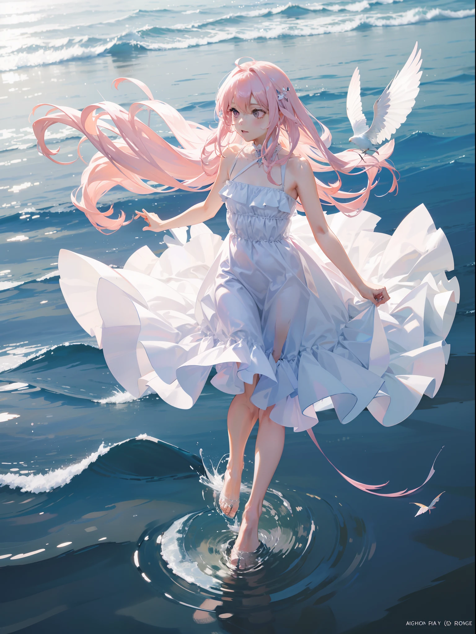 Light pink hair，Extra-long hair，Light purple eyes，The character is in the water，The picture is only half of the body，White dress，Shoulders exposed，jewelry，Contre-Jour，Light and shadow in the water，Gently flutter，Flying，Small fish，Cinematic texture，