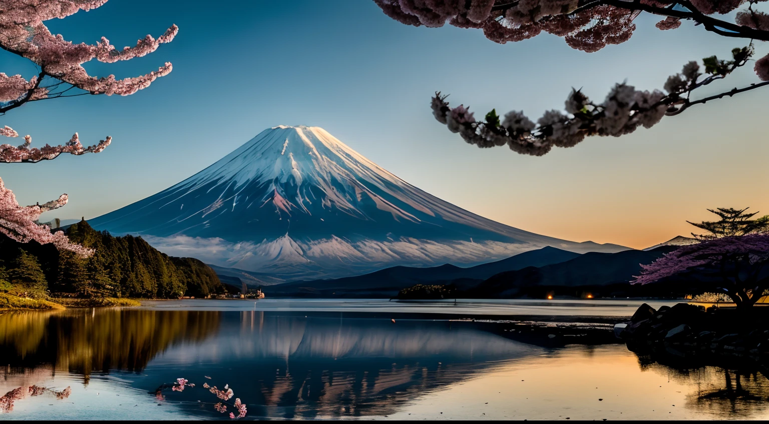 RAW photo of Mt. Fuji, Mt. Fuji one, No need for another mountain, Delicately beautiful realistic, detail, photorealistic, ultra-realistic photo, 8k UHD, DSLR, sunshine dazzling Haruyama, high quality, film grain, FUJIFILM XT3, (masterpiece), majestic Mt. Daisen, Mt. Fuji reflected on the surface of the lake, cherry blossoms are beautiful, the morning sun overlaps,