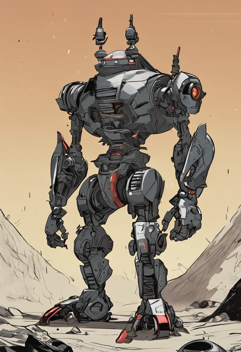A huge robot with a mask similar to Jason's, it has a scorpion tail on its head, it has a metallic black and white color, it has tank wheels on its feet