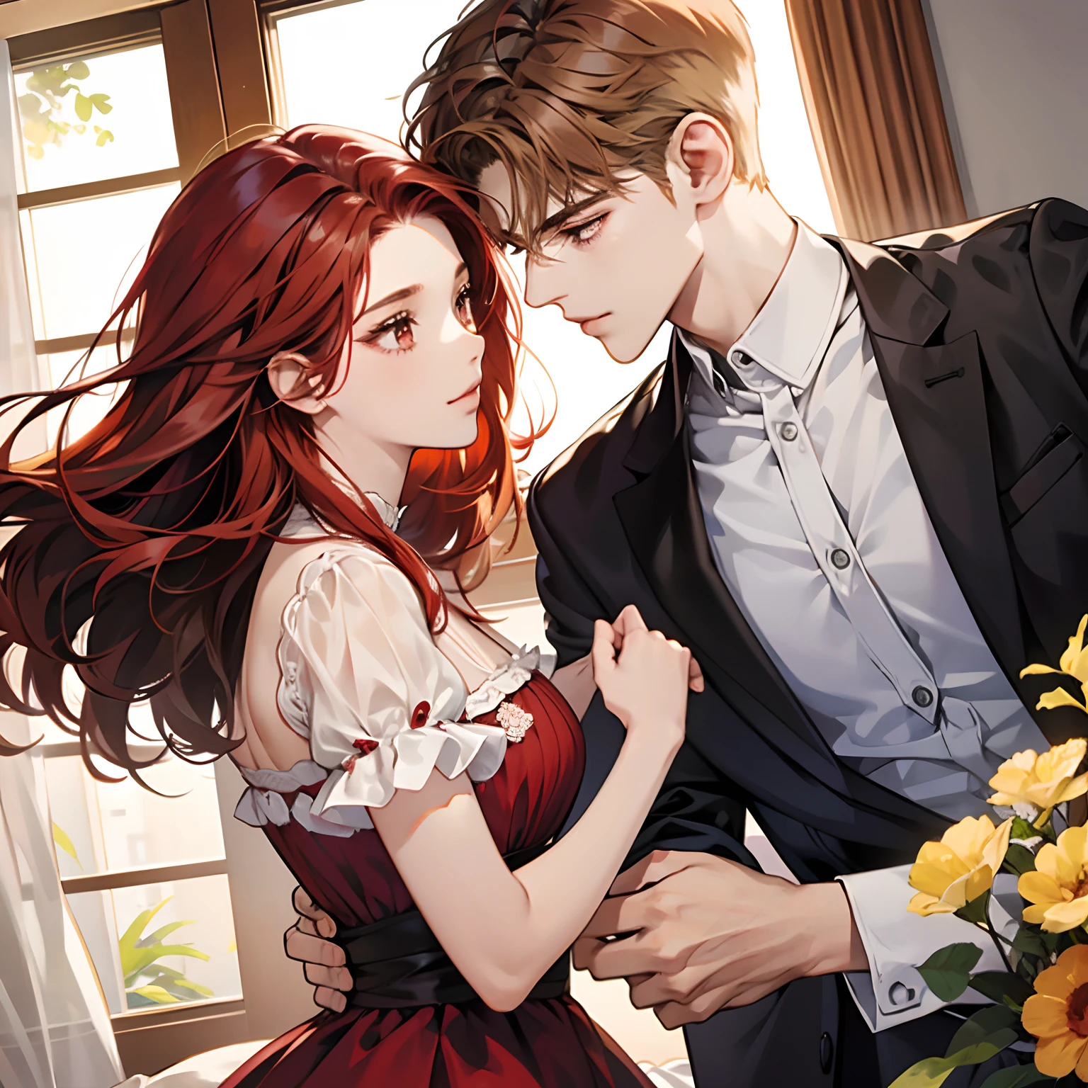 Couple, 1 girl 1 boy, different hair color, long red dark hair, short blonde hair, romance