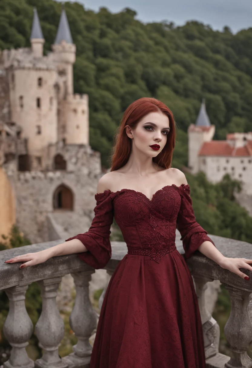 Uma delicada e bela imagem de uma vampira feminina na varanda de um castelo sob as estrelas, Acompanhe de perto, Dynamic angle super delicate face, and there is blood at the corners of the mouth，hiper-feminino, pele de cor cinza, red hair, (Um sorriso encantador:1.5)， (O sangue escorria de sua boca:1.9)，dark red lips，Os olhos brilham vermelhos e brilhantes, （Usando um vestido branco com sangue：1.5）, Cabo preto longo,tiros na parte superior do corpo, star filled sky background, lua, Bats fly around, Detalhes altos, best quality, 8k, master part, best quality, (ultra detalhado), fotorrealismo, arte de fantasia sombria