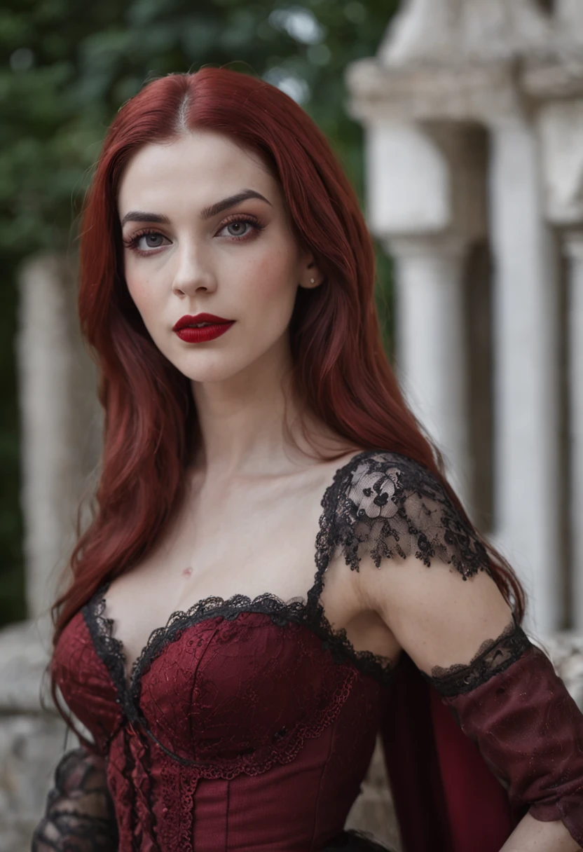 (best quality,ultra-detailed,photorealistic),young woman vampire, beautiful bright eyes, dark red mascara, detailed lips with green lipstick, pensive expression, soft lighting,vibrant colors, long flowing Reddish hair, stylish vampire outfit, cemetery background, dark night,serene atmosphere, hourglass figure, 4k details, erotic face, full body pose, shown vampire teeth