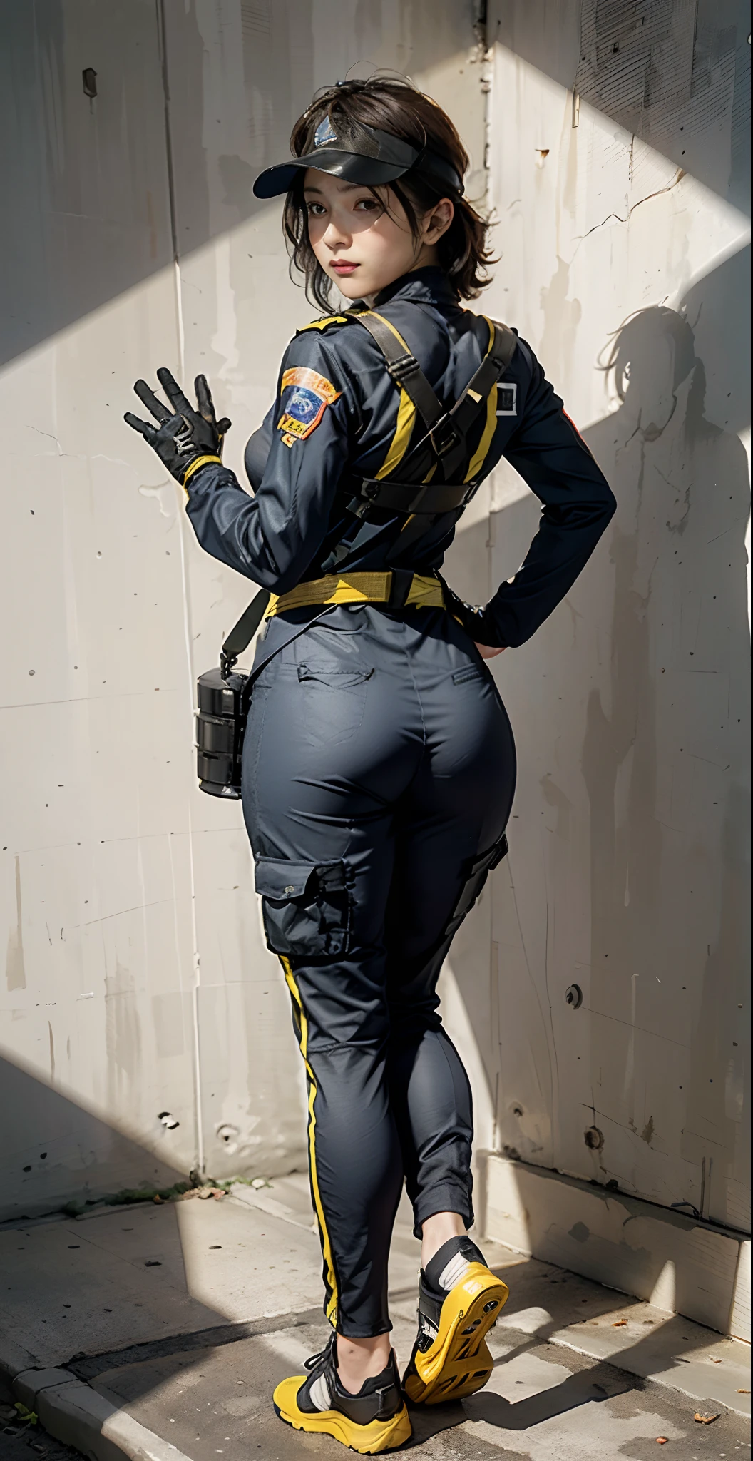 Highest image quality, outstanding details, ultra-high resolution, (realism: 1.4), (full body+foot, from behind, looking at the wall), ((highly condensed 1girl surrender, standing with putting your hands up wide on the wall, open legs)), big waist:0.7, thick thigh:0.7, perfect proportion, (chubby:0.75), ((holding the wall)), short hair, captain, (wearing racing suit likes police uniform, black and gray mecha, wearing a visor, military harness, grenades, holding the wall), background simple grey wall,