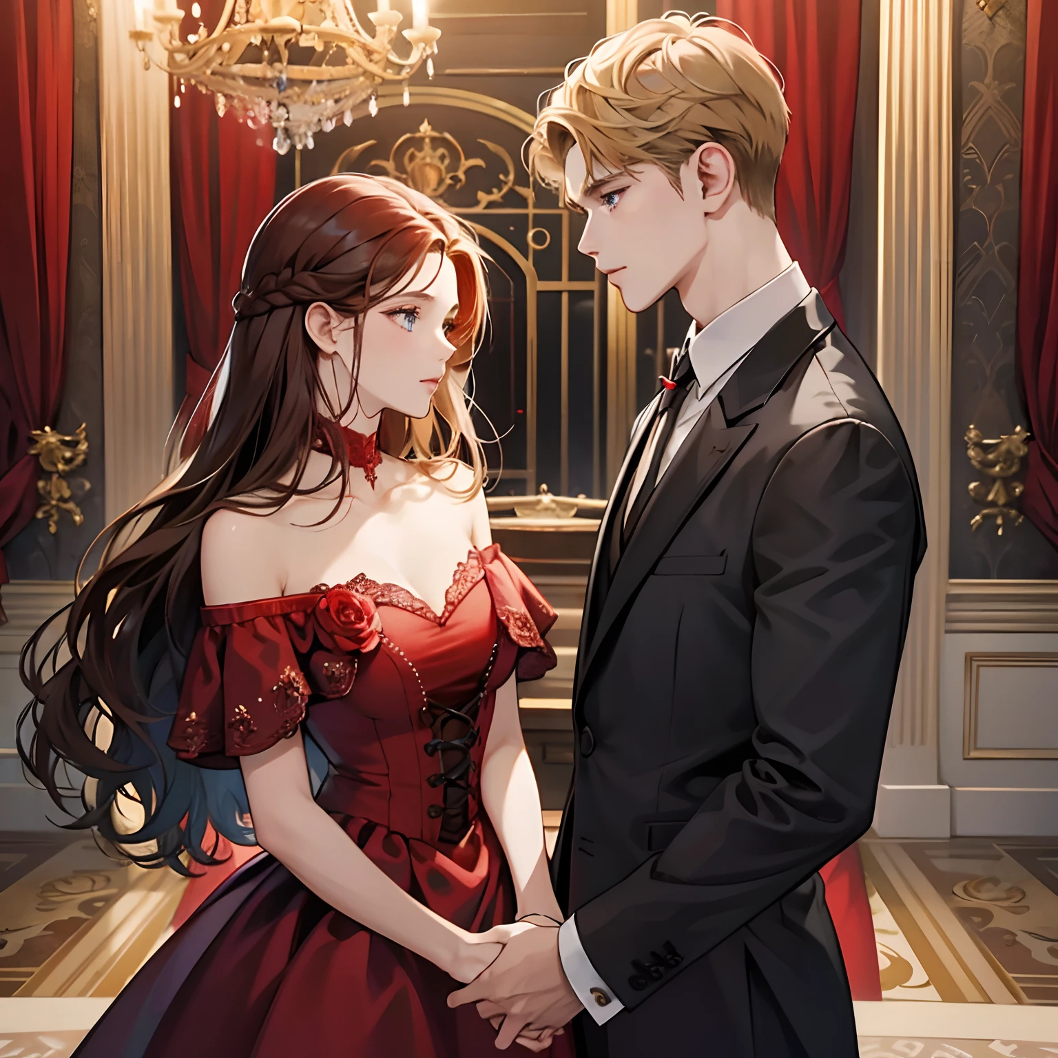 Couple, 1 girl 1 boy, different hair color, long red dark hair and brown eyes, short blonde hair and blue eyes, romance, black suite, red dress, Russia, luxury room background, face to face, romantic