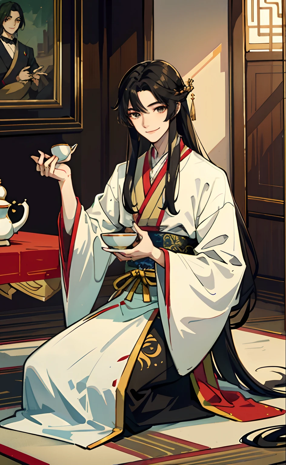 Long hair, youthful, elegant, pouring tea, noble, kneeling, smiling, male, ancient, Hanfu