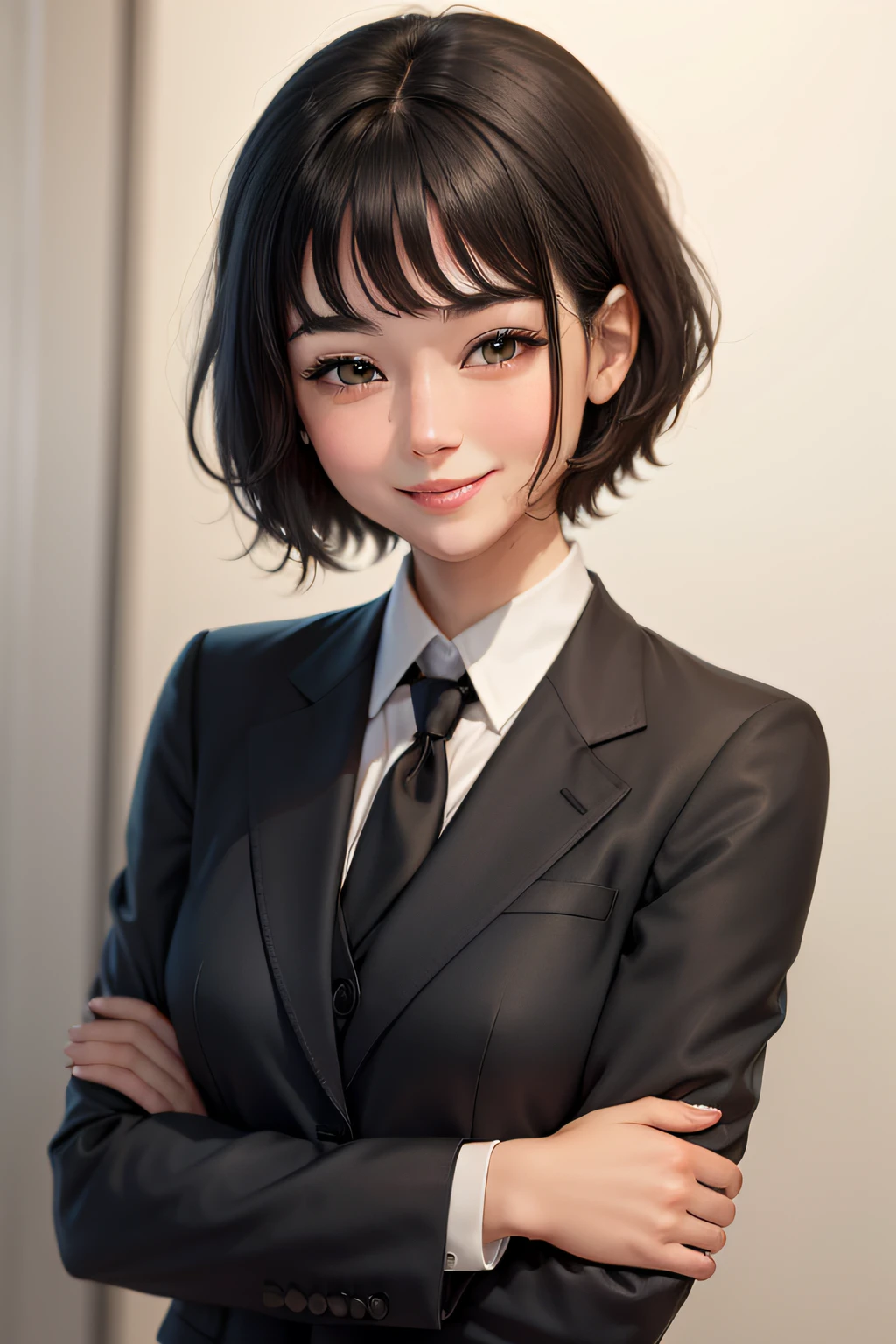 a girl smiling with 28 years  in suits, short black hair,