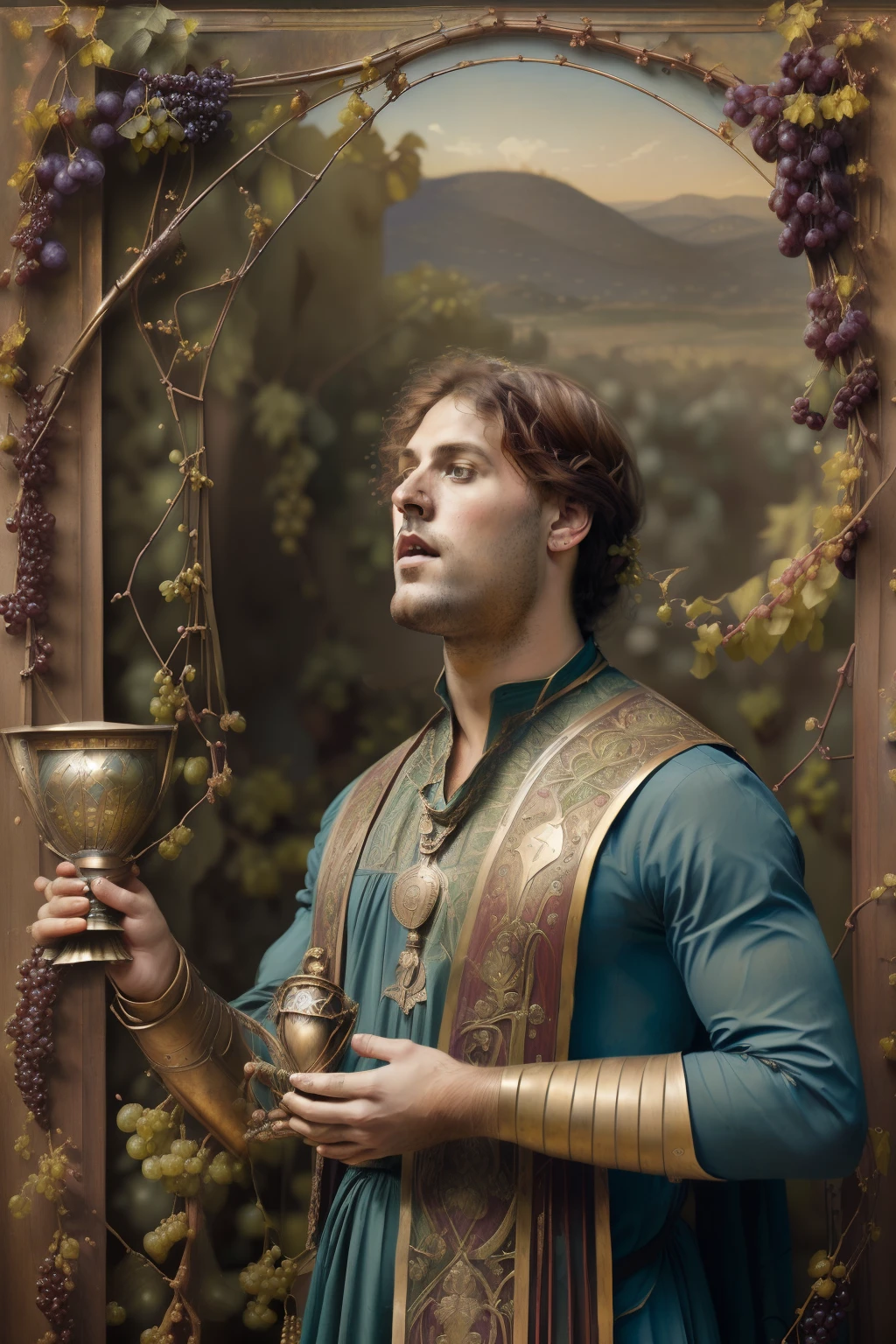 (((Pre-Raphaelite painting of a singing man while holding a bronze chalice under a vine full of grapes, roupa celta, boca aberta, is singing, Neck raised, paisagem celta, Hills)))