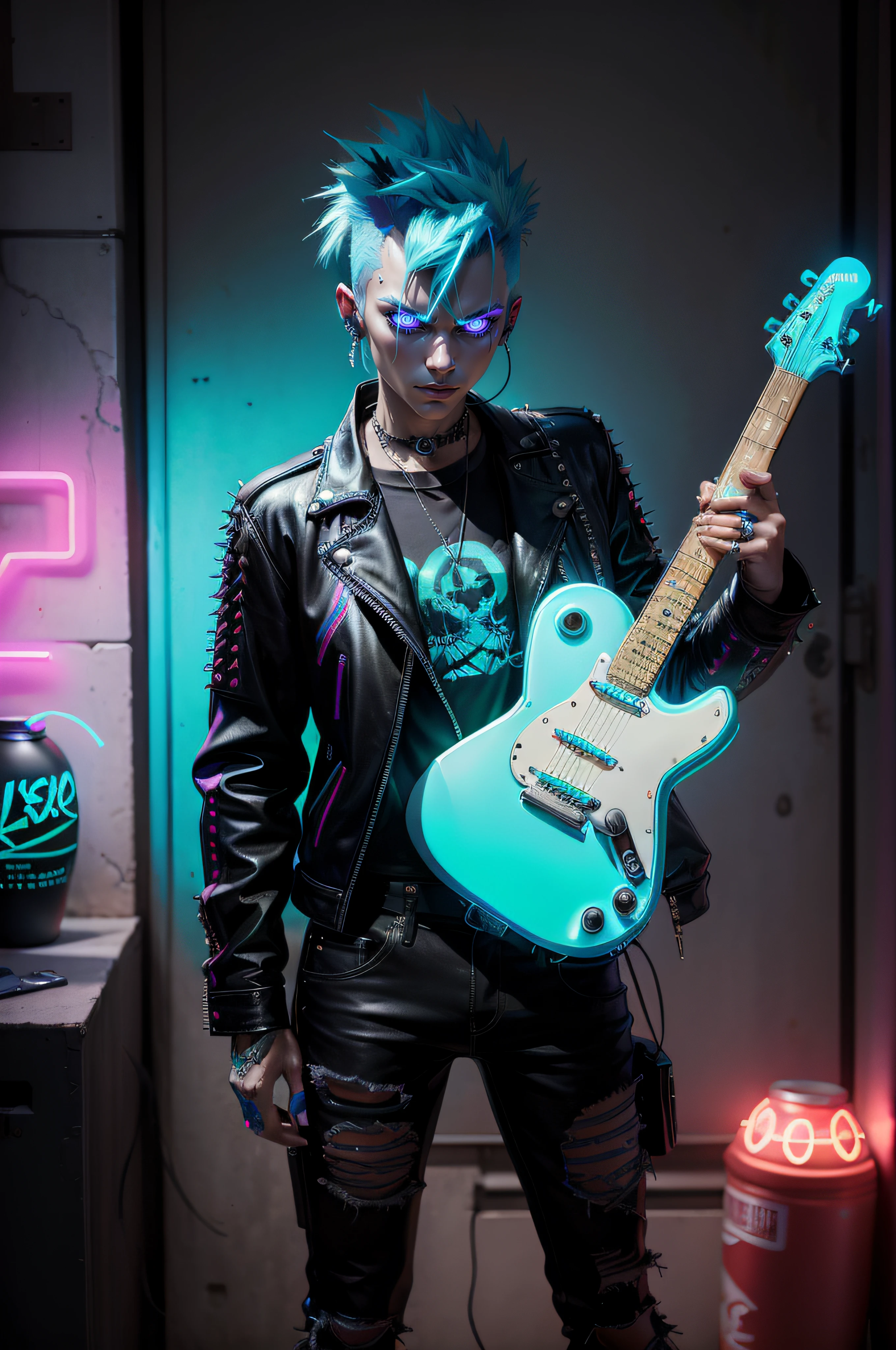 A ((neon)) blue alien punk with spiky hair and a leather jacket, holding a guitar in one hand and a ((glowing)) energy drink in the other, in the style of BlueAP, realistic, isoMix_v211