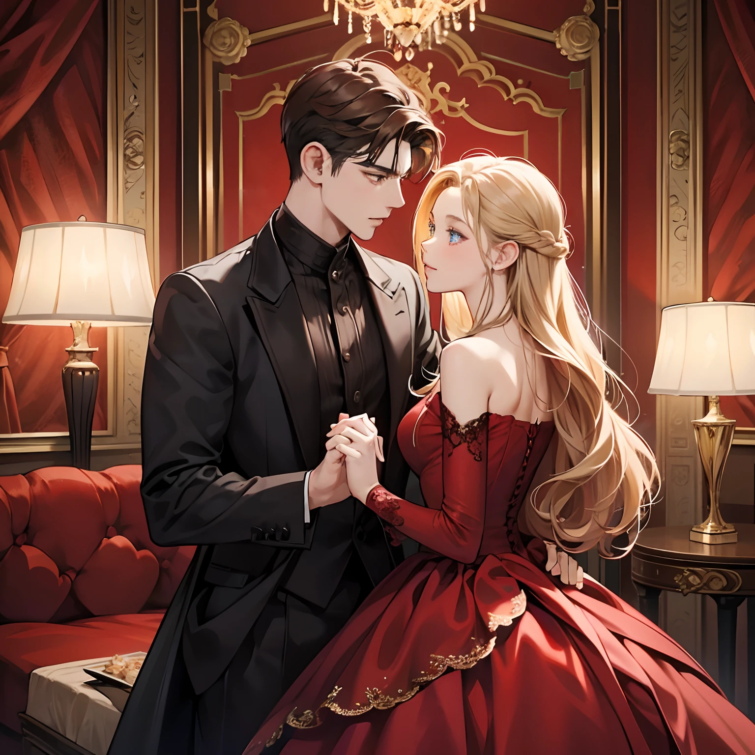 Queen, blonde, dance, ball, masked man ((white mask)), king, dancing, couple, red dress, king (brown hair)), queen ((no mask)).