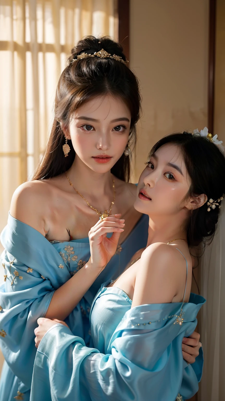 in ancient,Two beauties entangled with each other,Dressed in gorgeous and intricate costumes,Dazzling。They were dressed in delicate satin robes,It is embroidered with a delicate pattern with gold thread,Blooming with bright colors。One of the beauties was dressed in a red robe,It's like a burning flame,It shows her delicate and moving。Another beauty wore a lake-blue robe,Like clear water waves in the sky,Show her freshness and softness。They wear ornate gold-encrusted gemstone necklaces around their slender necks,Gemstones sparkle with colorful sparkle,It reflects their noble temperament。Beauty hair is draped over her shoulders,Delicate hair is as soft as silk,Shining with a faint light。They braided their hair into a delicate bun,It is dotted with jade hairpins、Golden comb and flowers,It adds a bit of charm to them。The faces of the beauties are fair and delicate,Just like white jade。Their foreheads are dotted with a pair of eyebrows that shine like night stars,Gently provoke,It's like peach blossom eyes,Fascinating。Their eyes were bright and deep,It's like a clear spring,Indulge at a glance。Their lips are rosy and full,Slightly upturned,Like a cherry in bloom,Inspiring imagination。heavy makeups,The lips are red and the teeth are white。Their cheeks are smeared with pear pollen,A slight smil,Bloom into a charming smile。The eye sockets are dotted with colorful jewels,Make their eyes more confused and charming。They pair pearls with openwork gold earrings,It adds a bit of gentleness to myself。