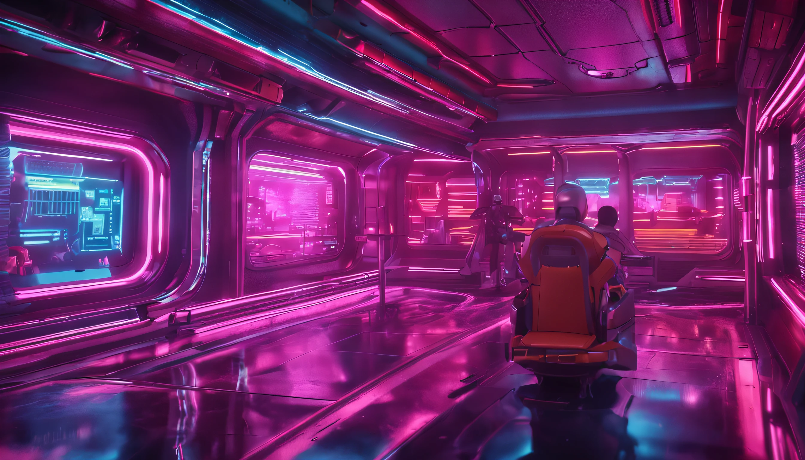 futuristic scene, many neon lights, futuristic robot in a distopic world, detailed, vibrant