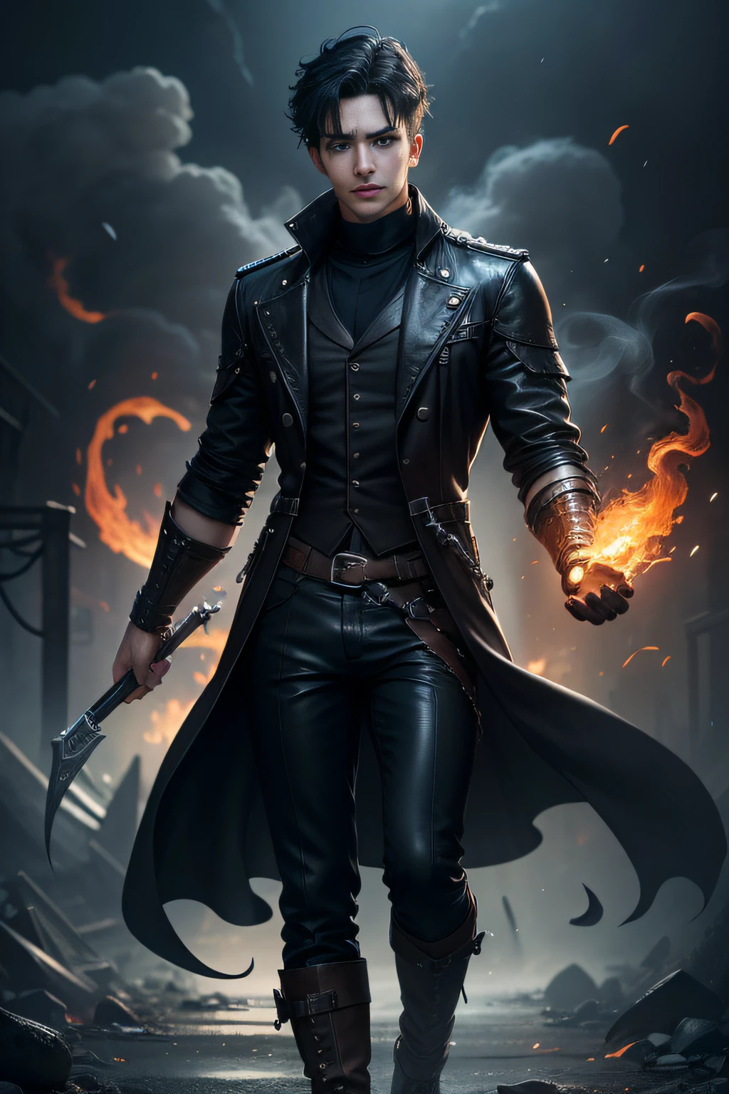 full body shot shot of a young {man} right palm on fire, fire vfx surrounding his right forearm, blue fire vfx circling his right hand, smoke surrounding him, moderate length black hair, wearing black leather jacket and white collared shirt with black pants and black boots, handsome face, full lips, detailed face, good face, amber pupils, sharp pupils, opened eyes, head facing the viewer, looking at the viewer, high res, HDR, 8k, fantasy, medieval, steampunk, digital art, high quality, dark fantasy, stable