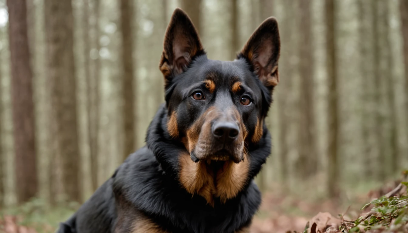 A black German shepherd and tan faces a forest looking menacingly, ultrarrealista, photographic, Very high resolution photo