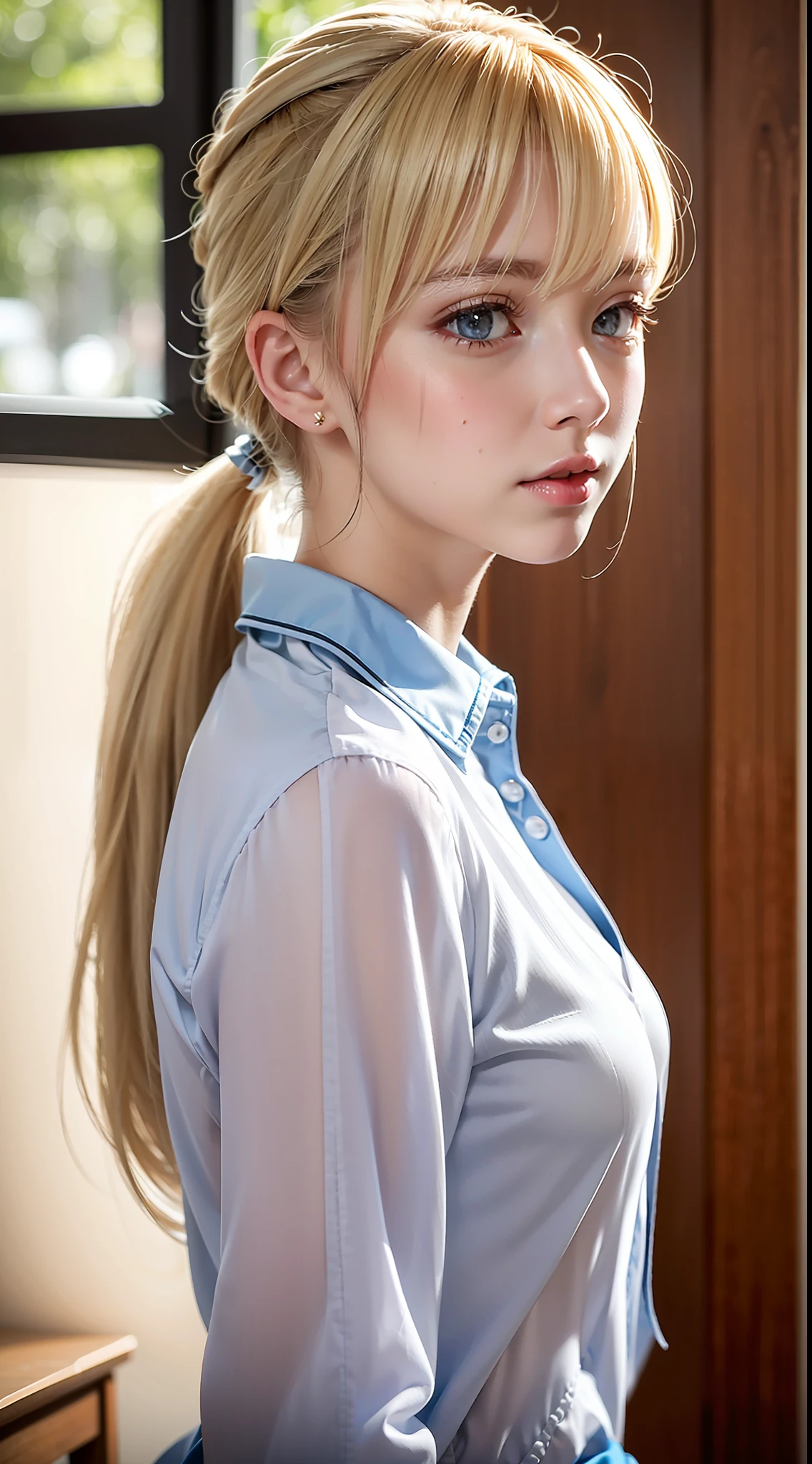 long ponytail, blue eyes, blonde