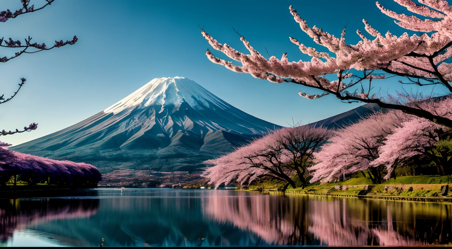 RAW photo of Mt. Fuji, Mt. Fuji one, No need for another mountain, Delicately beautiful realistic, detail, photorealistic, ultra-realistic photo, 8k UHD, DSLR, sunshine dazzling Haruyama, high quality, film grain, FUJIFILM XT3, (masterpiece), majestic Mt. Daisen, Mt. Fuji reflected on the surface of the lake, cherry blossoms are beautiful, the morning sun overlaps,