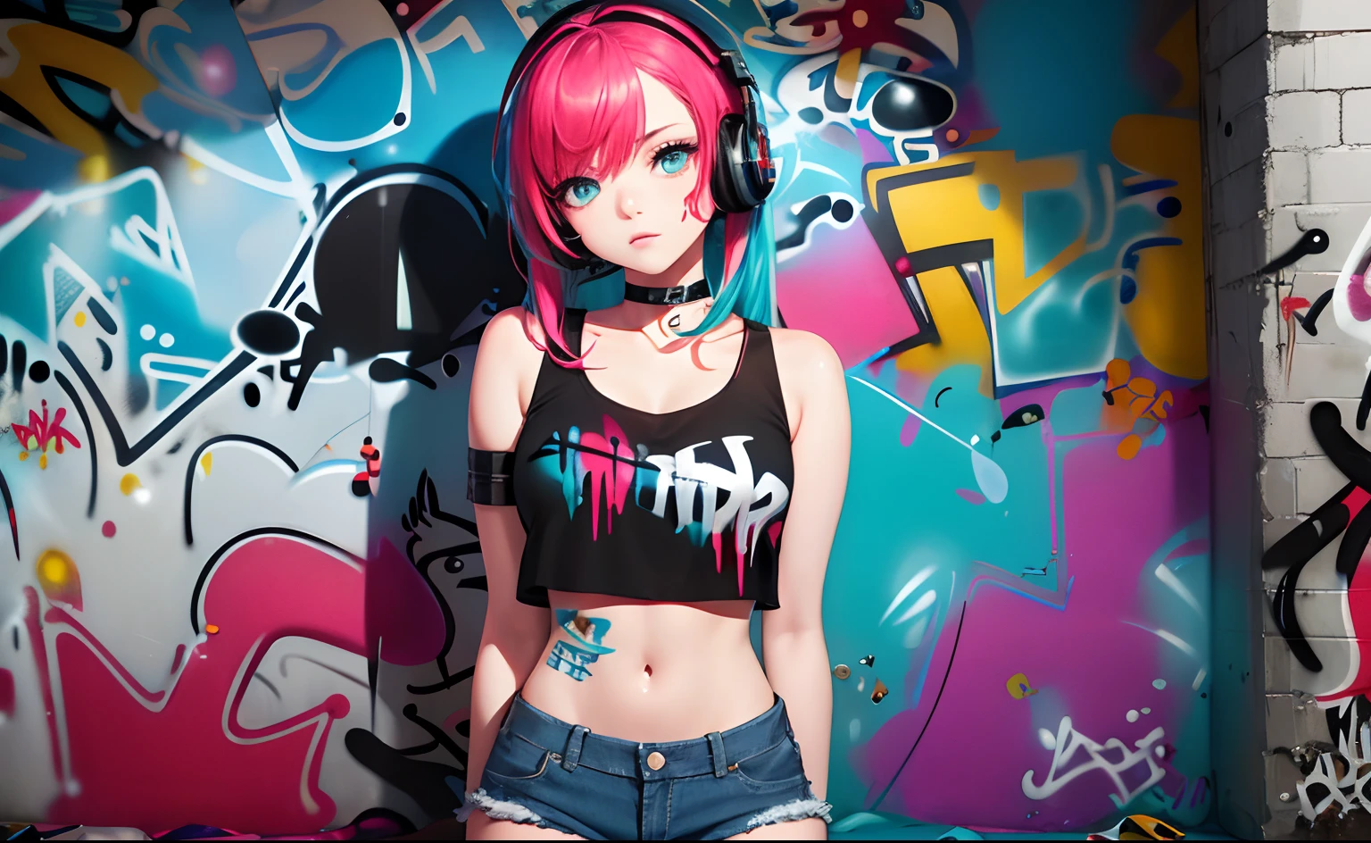 masterpiece, best quality, 1girl, solo, crop top, denim shorts, choker, (graffiti:1.5), paint splatter, arms behind back, against wall, looking at viewer, armband, thigh strap, paint on body, head tilt, bored, multicolored hair, aqua eyes, headset,