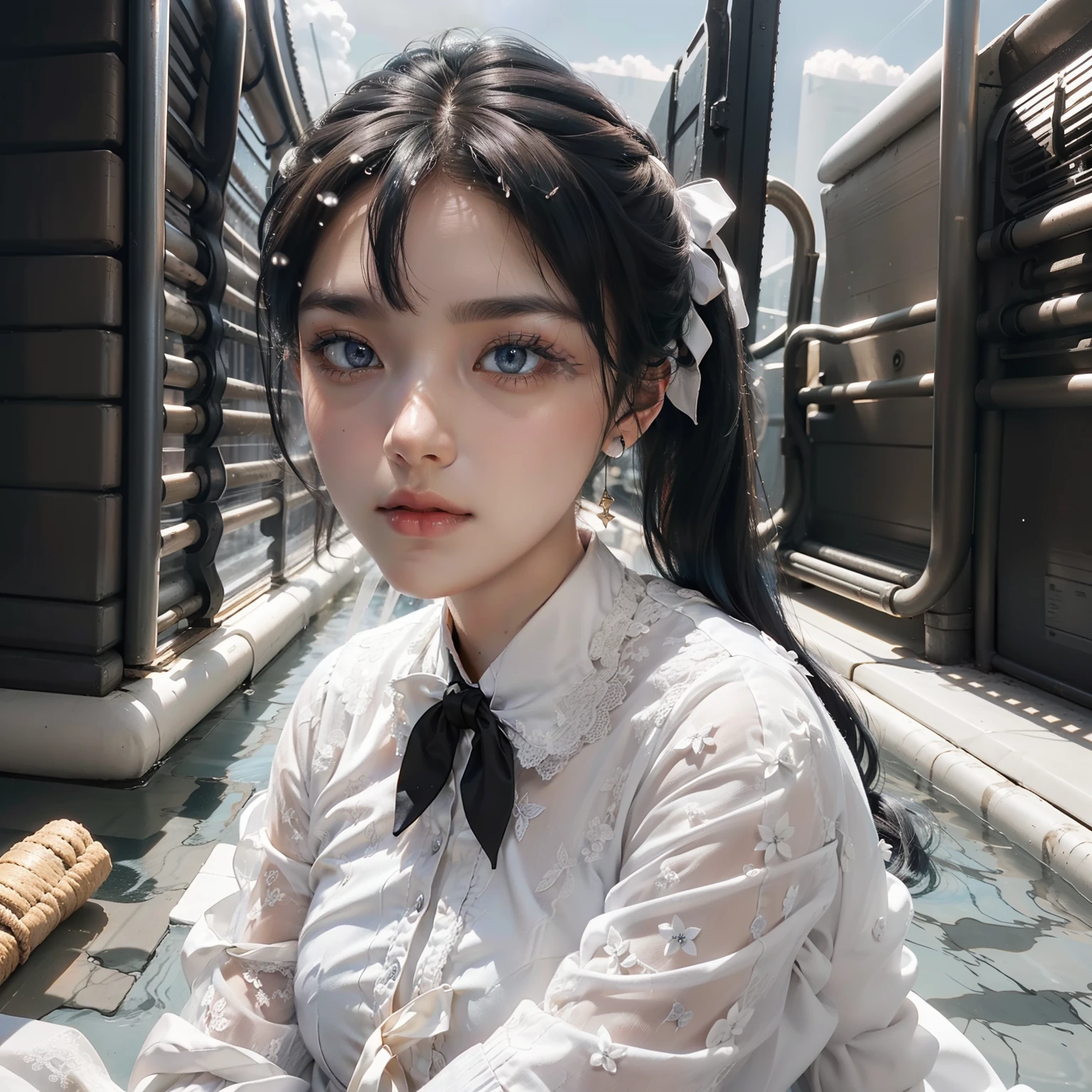 masterpiece, exquisite, illustration, {beautiful and meticulous girl}, beautiful and detailed halo, (Fire of War: 1.2), (Nuclear explosion in the background: 1.3), rain, delicate lighting, fine water, (beautiful and detailed eyes: 1.1), expression, palace, sky blue hair, scattered hair, long bangs, eyebrows, (white-gray dress: 1.1), black ribbon, white bow tie, upper abdomen, big forehead, dark flowers, long sleeves