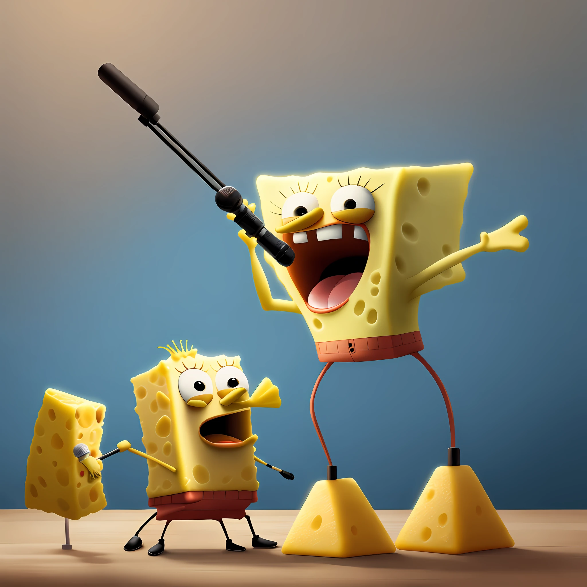 A SpongeBob SquarePants holds a microphone and sings loudly with its mouth open