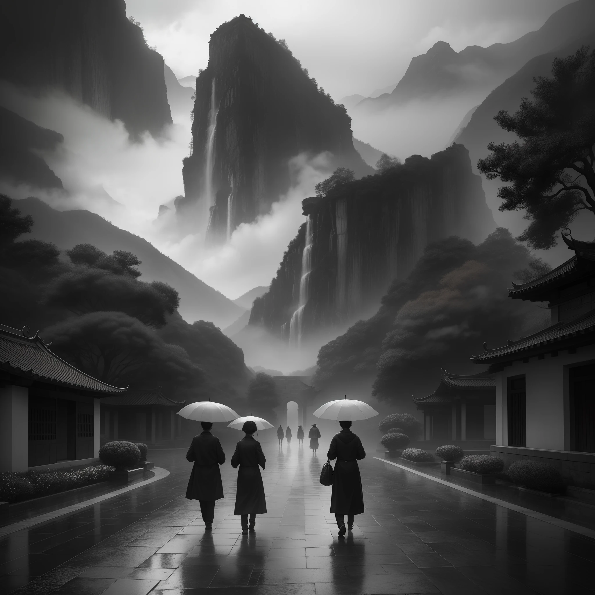 Best quality，It was drizzling，Two ancient boys and girls holding umbrellas passed by on the wide path，ultra-realistic realism，Ink danqing，Can't see the face，nihility，bblurry，regrettable，dream-state，soft focus，Black and white main color，3D，anime big breast，Landscape view，mountain water
