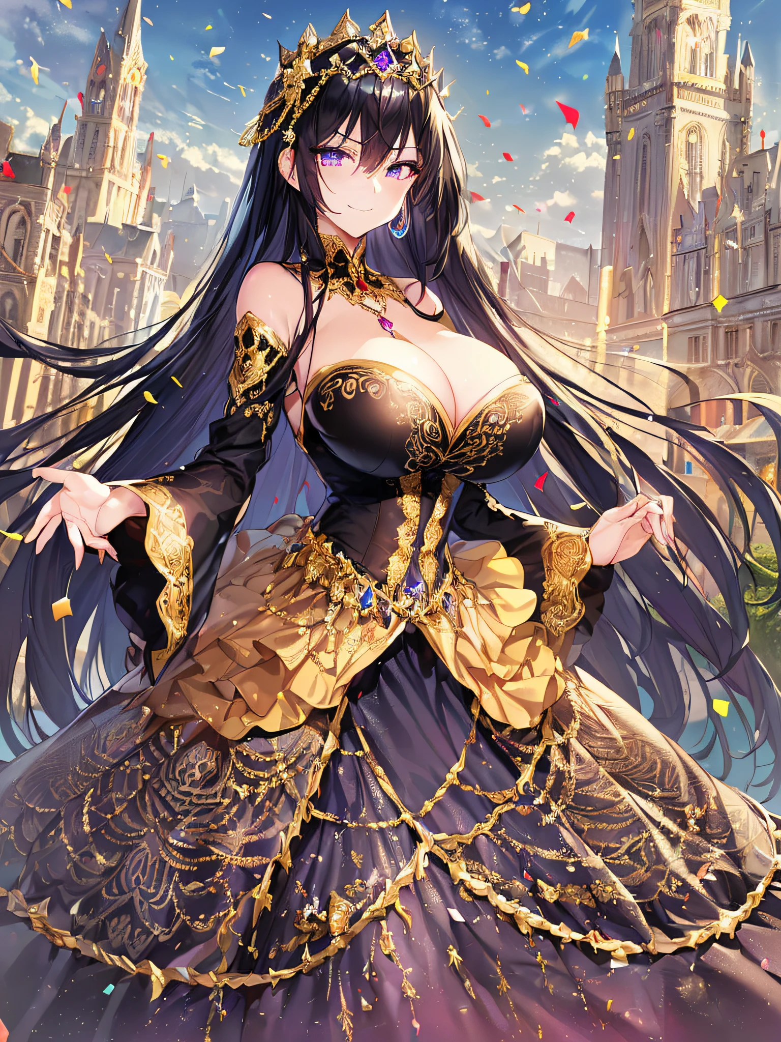 ((anime artstyle)),(Masterpiece),(Best Quality), (Super Detail),((Very Delicate and Beautiful)),(((Solo))),((full body portrait)),((1 arrogant queen in gorgeous black and gold rococo princess ballgown with voluminous full length hoop skirt and gorgeousfull embroidery),((crinoline)),gold trim,Long train,(dominant pose,dominant facial expression),(arrogant,haughty),((arrogant smile,haughty smile)),Sharp eyes,((standing in the square of the castle town,festival)),confetti,sunlight,((outdoor)),medieval main street,gorgeous gemstone jewelry,detailed face and eyes,jewel-like eyes,Purple eyes,(Bangs between eyes),((large amount of straight hair,extremely Long voluminous black Hair)),((gigantic tits,Long tits)),gorgeousfull embroidery,cleavage,extremely gorgeousfull hair ornament,(bling-bling extremely gorgeousfull jeweled tiara),gorgeous corsage,(Dynamic Angle),(Blue sky:0.7),Looking at viewer,confetti flowing,(full body)),((gorgeous black and gold rococo princess ballgown with voluminous full length hoop skirt and gorgeousfull embroidery))