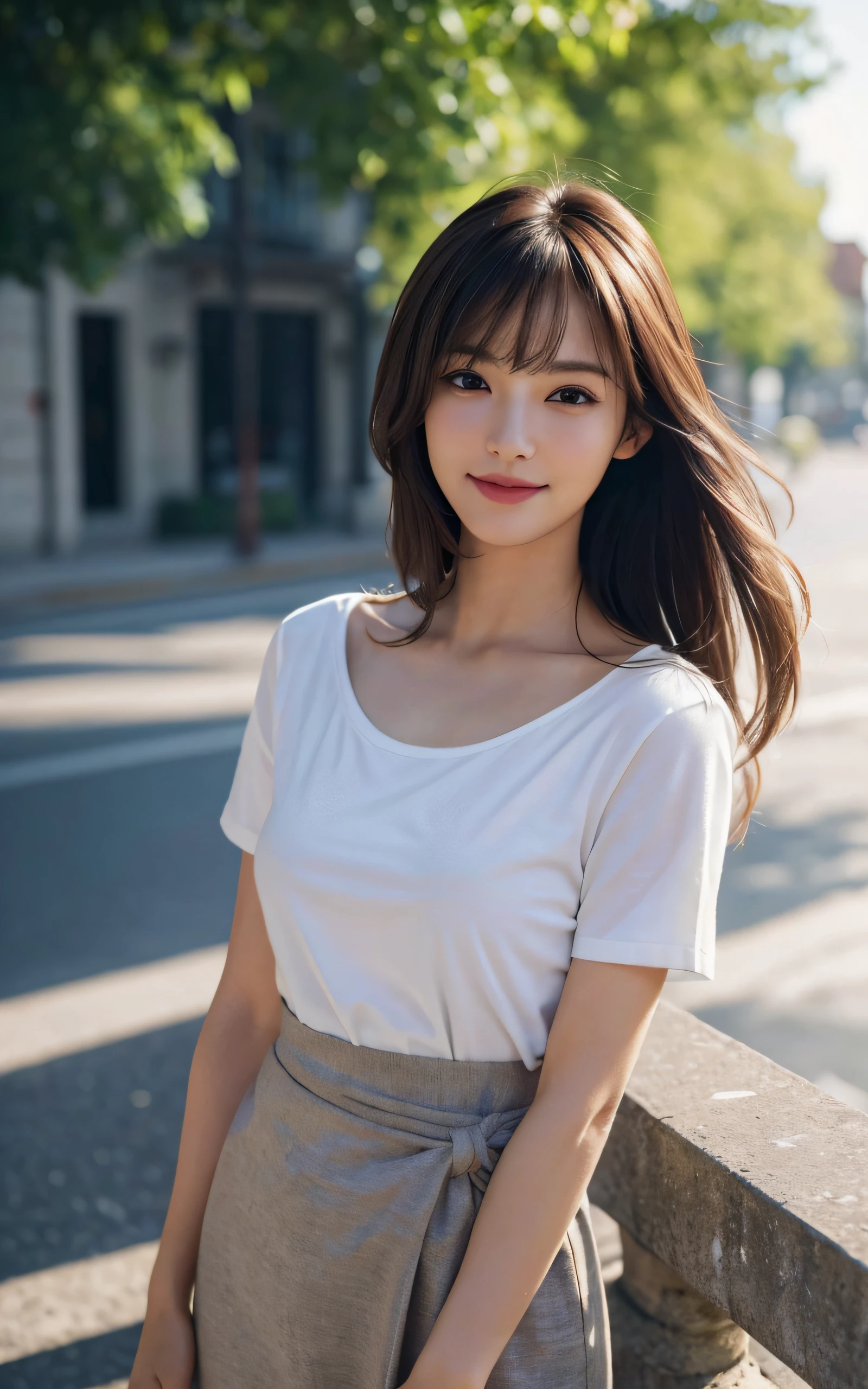 Masterpiece, best picture quality, high quality, beautiful woman, Japanese, detailed, detailed eyes, detailed skin, beautiful skin, ultra high resolution, (reality: 1.4),very beautiful, slightly younger face, beautiful skin, slender, (ultra realistic), (highresolution), (8K), (very detailed) (beautifully detailed eyes), (super detailed), T-shirt, skirt, (wallpaper), (detailed face), looking at viewer, fine details, detailed face, smiling, looking straight ahead, looking straight ahead, angle from waist up, realistic photo, bright lighting, professional lighting, mature woman, brown hair, sway in the wind shoulder length straight hair, long stylish bangs,